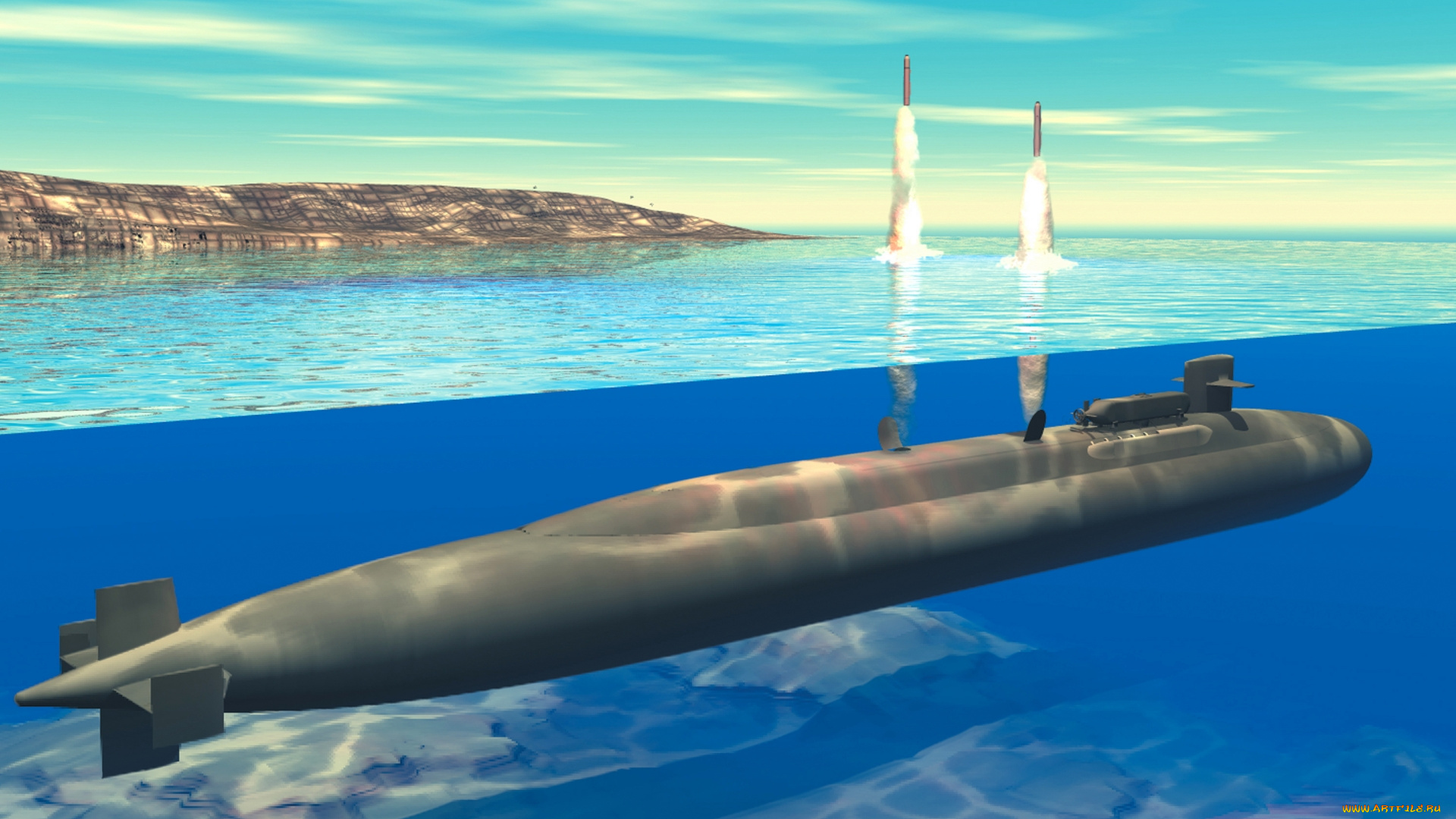 корабли, 3d, подводная, лодка, ракеты, запуск