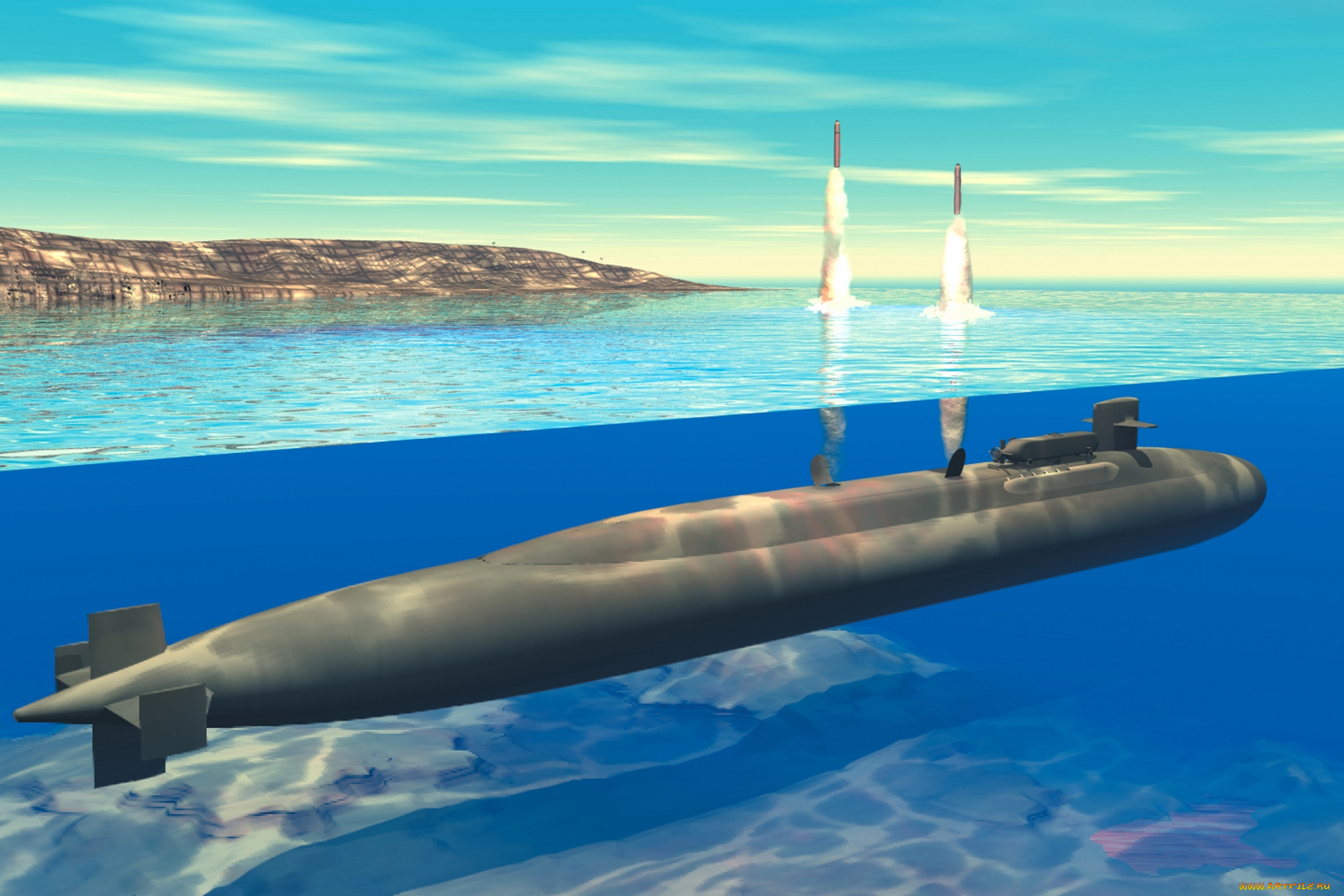 корабли, 3d, подводная, лодка, ракеты, запуск