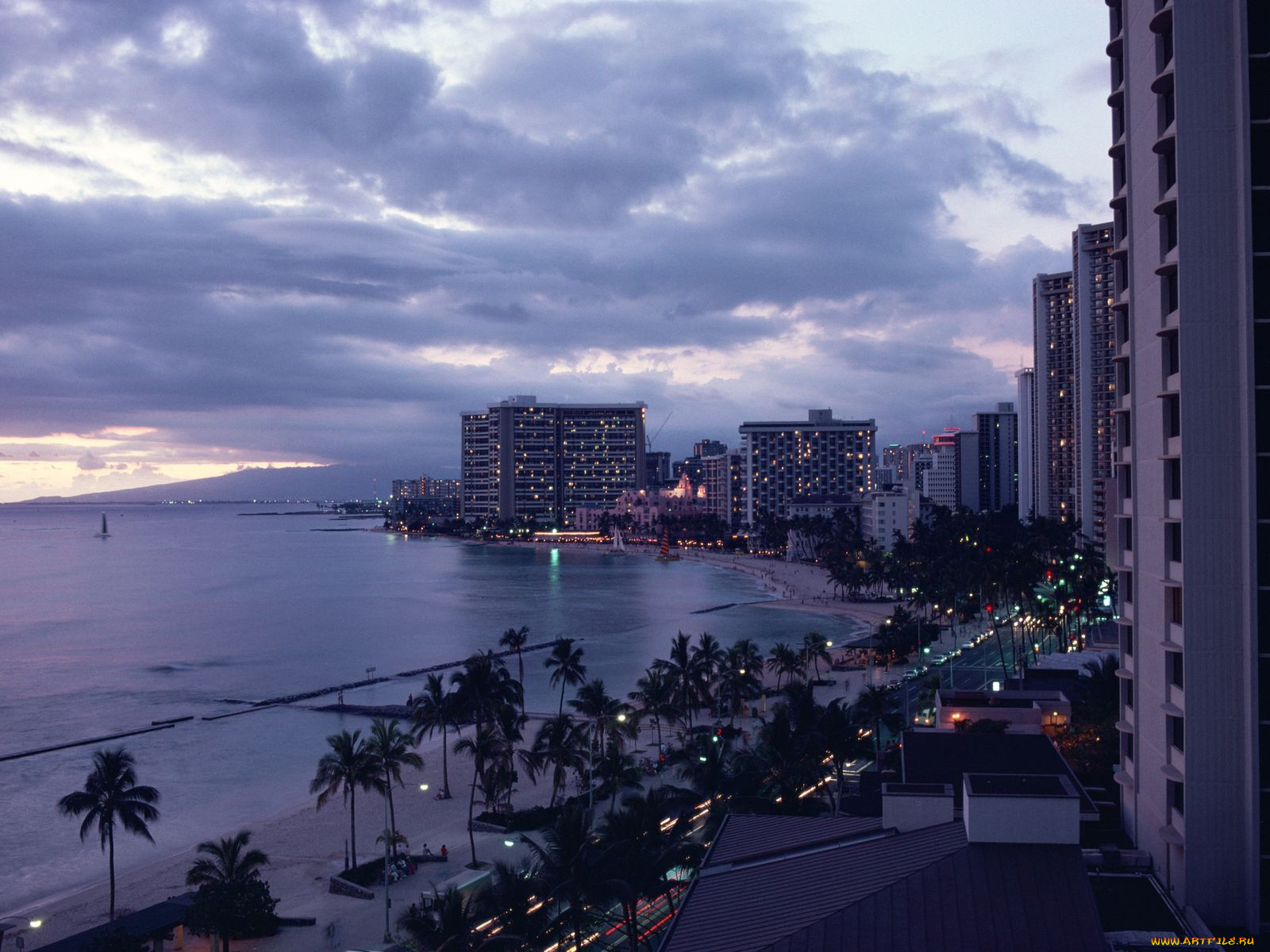 города, огни, ночного, honolulu, hawaii