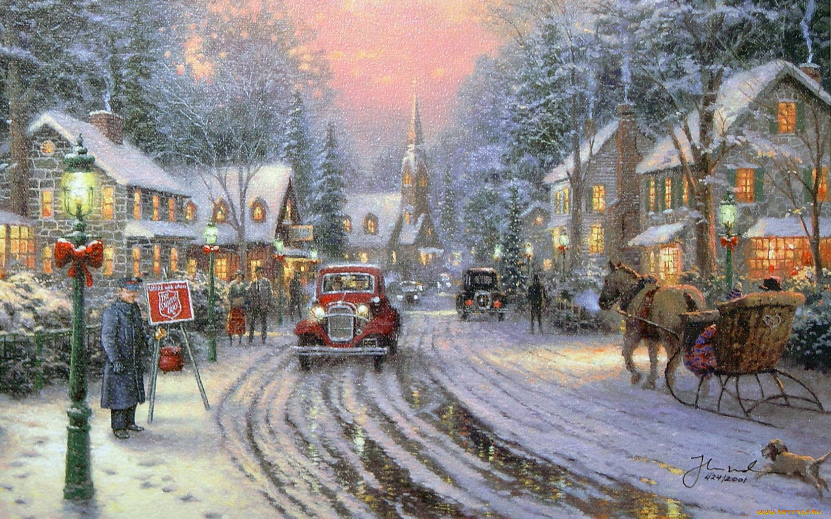 thomas, kinkade, рисованные, город, дорога, авто, сани, лошадь, рождество, дома, снег, зима