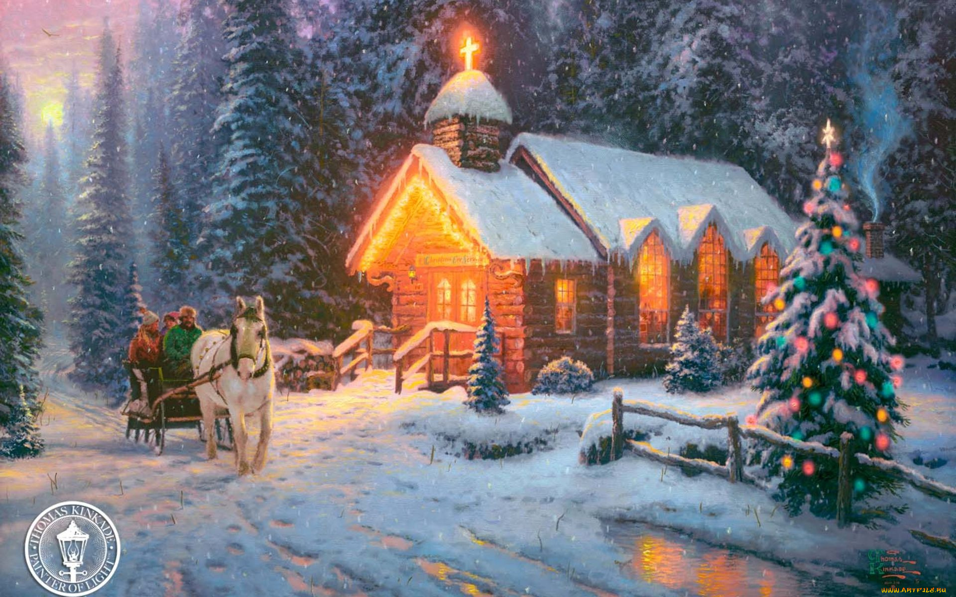 thomas, kinkade, рисованные, зима, снег, церковь, ёлка, сани, лошадь, рождество