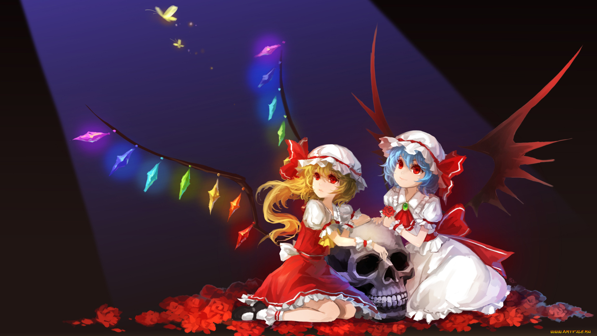 аниме, touhou, remilia, scarlet, flandre, крылья, череп, розы, цветы, кристаллы, бабочки, манжеты