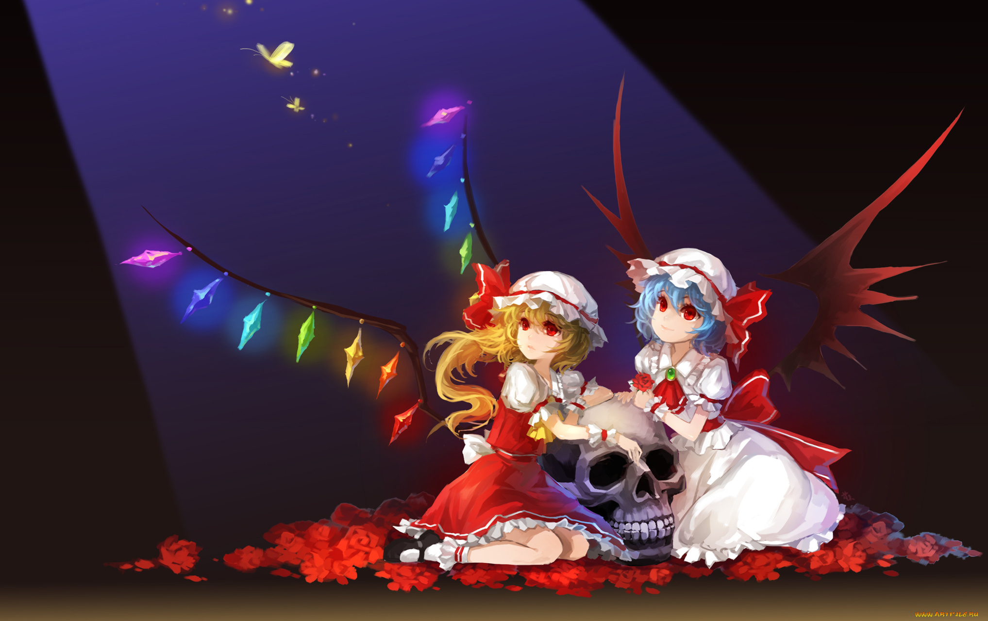 аниме, touhou, remilia, scarlet, flandre, крылья, череп, розы, цветы, кристаллы, бабочки, манжеты