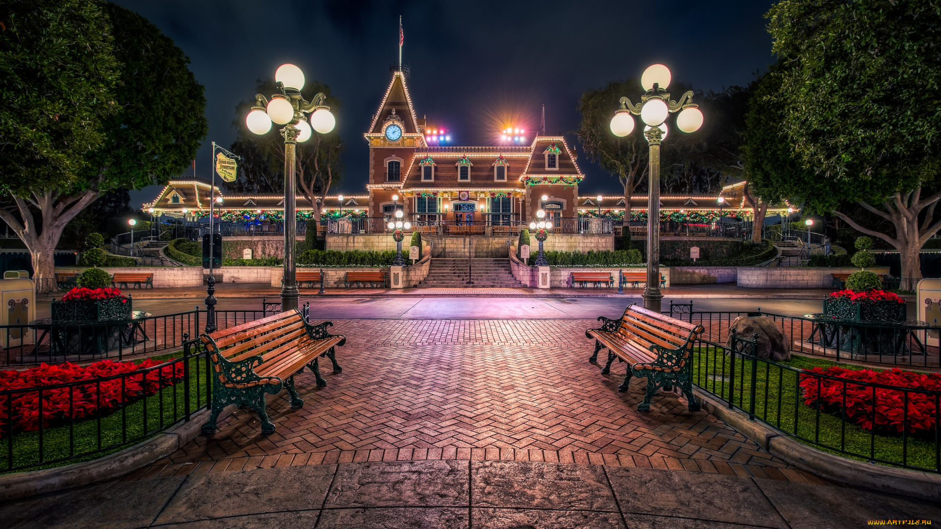 города, диснейленд, hdr, disneyland, anaheim, california, анахайм, калифорния, фонари, скамейки