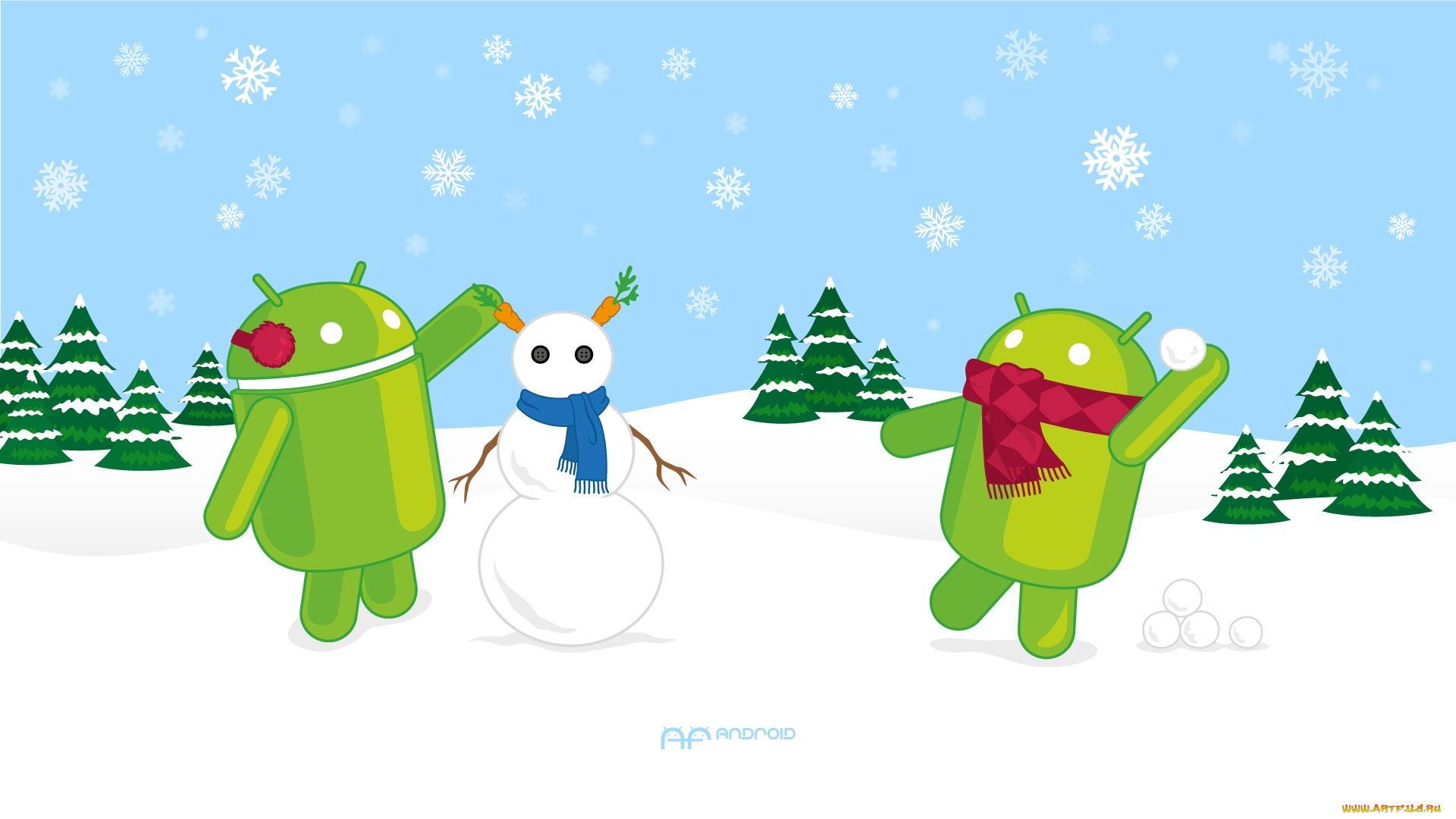 компьютеры, android, ели, снеговик, снег