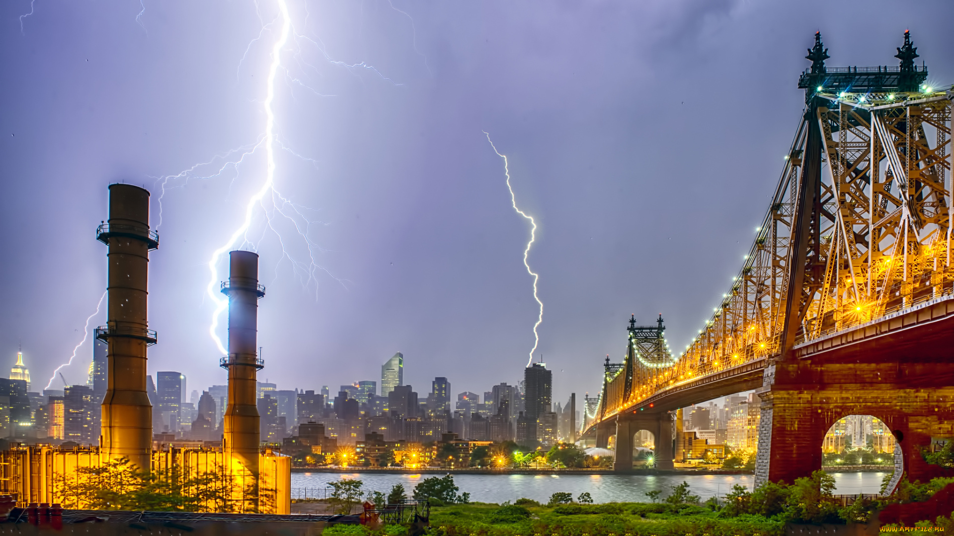 new, york, city, lightning, города, нью-йорк, , сша, гроза, молнии, огни, мост, река, город