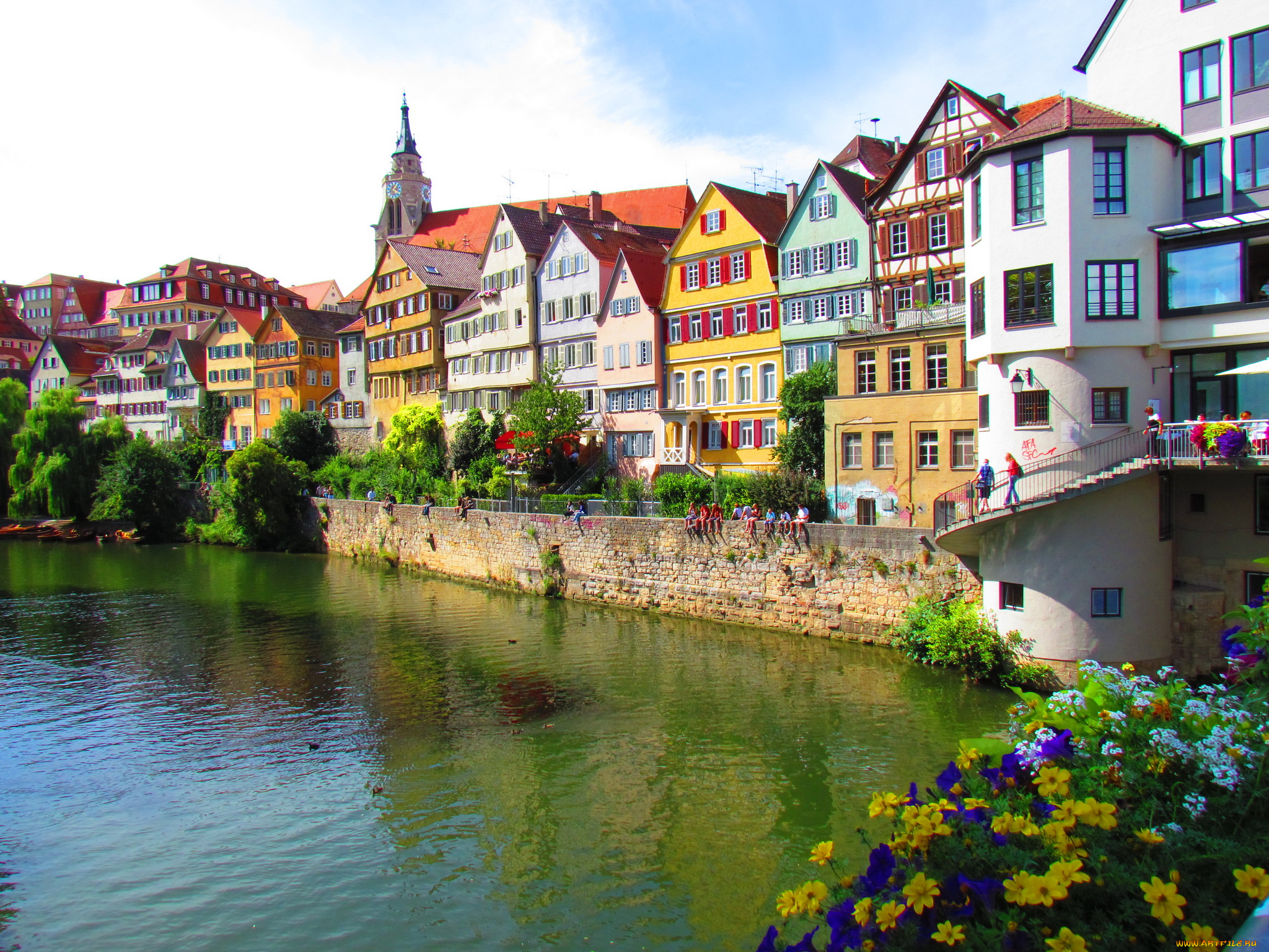 tubingen, germany, города, -, улицы, , площади, , набережные, дома, река, деревья, набережная