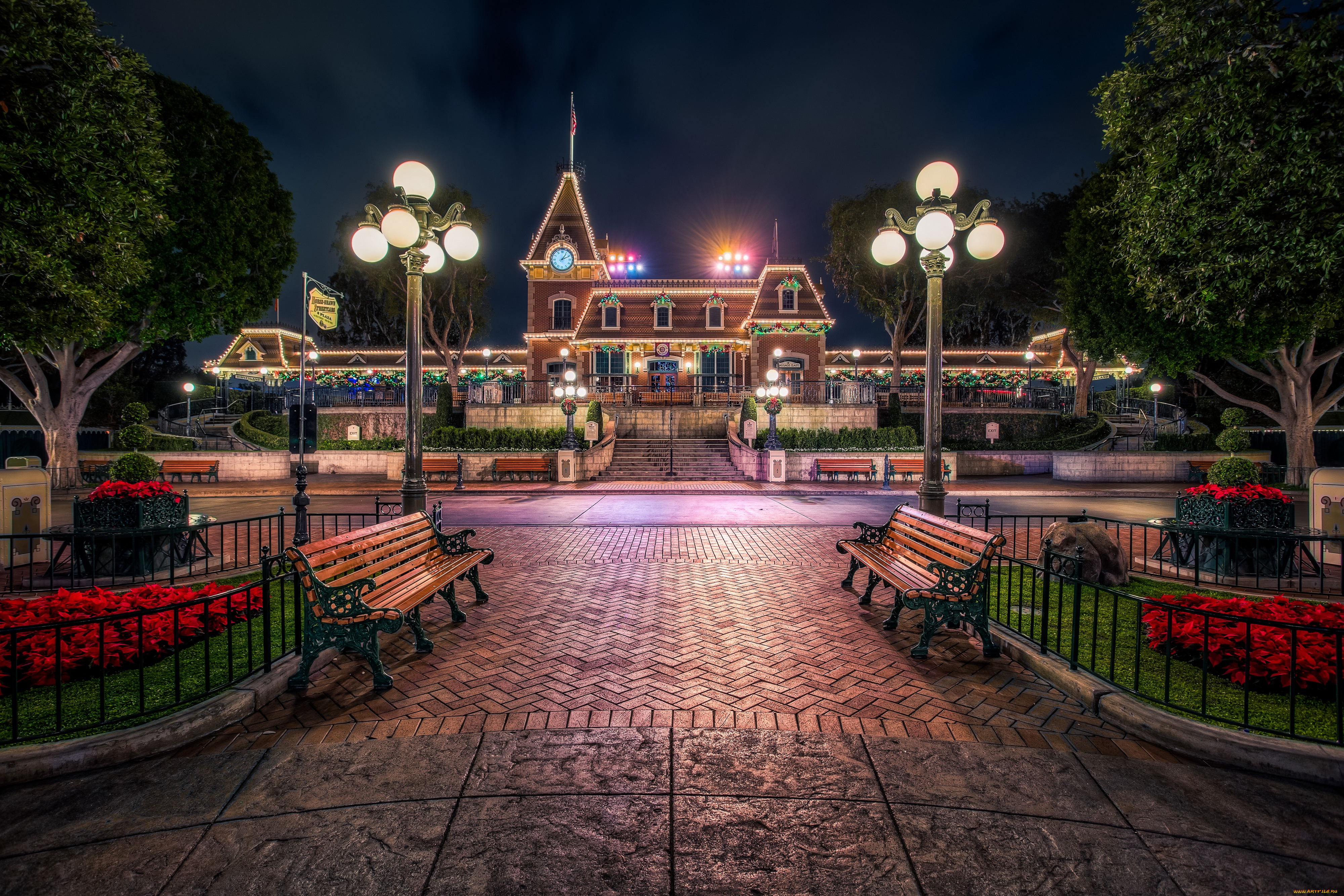 города, диснейленд, hdr, disneyland, anaheim, california, анахайм, калифорния, фонари, скамейки