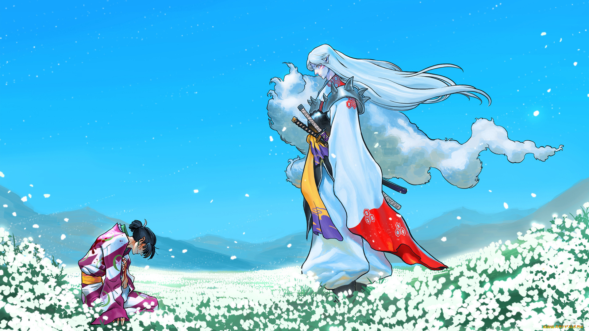 аниме, inuyasha, anime, field, кимоно, kimono, фанарт, fanart, самурай, samurai, сэссёмару, арт, рисунок, art, инуяша, луг, meadow, поле, sesshomaru