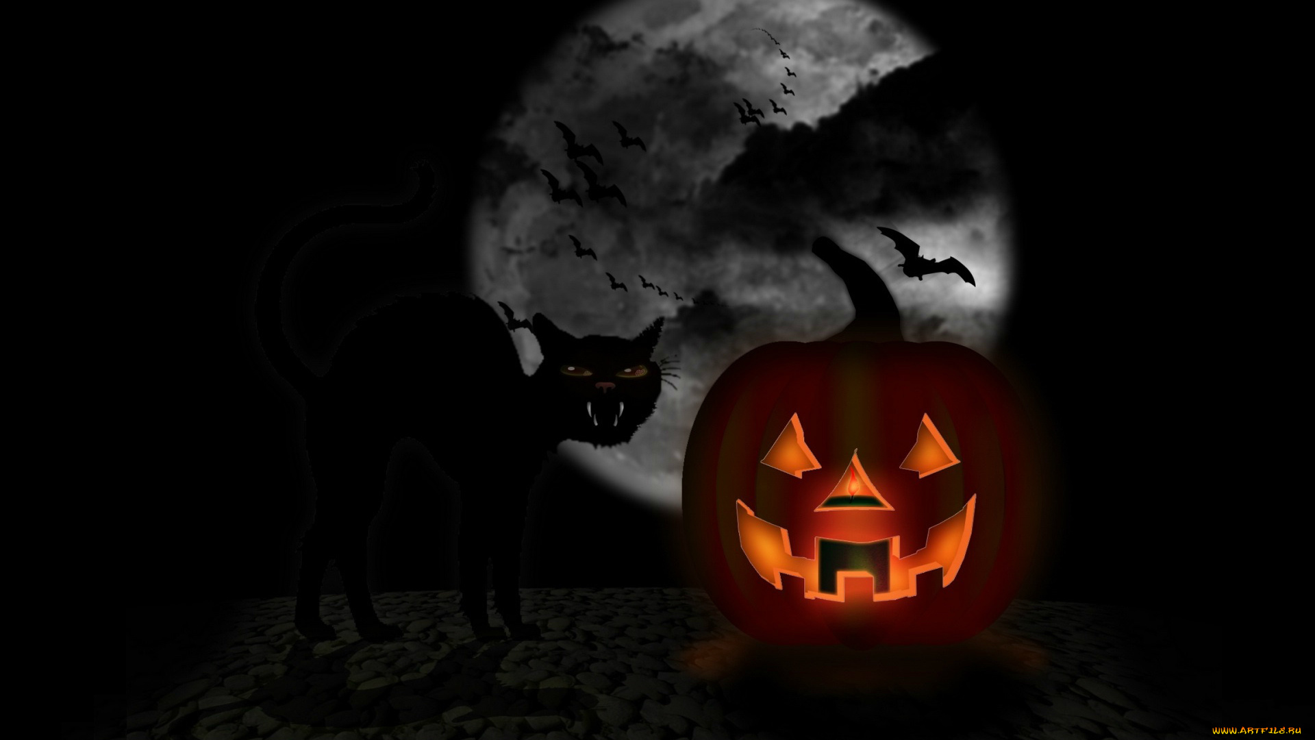 праздничные, хэллоуин, полнолуние, светильник, джека, черный, кот, happy, halloween, тьма, пасть, летучая, мышь