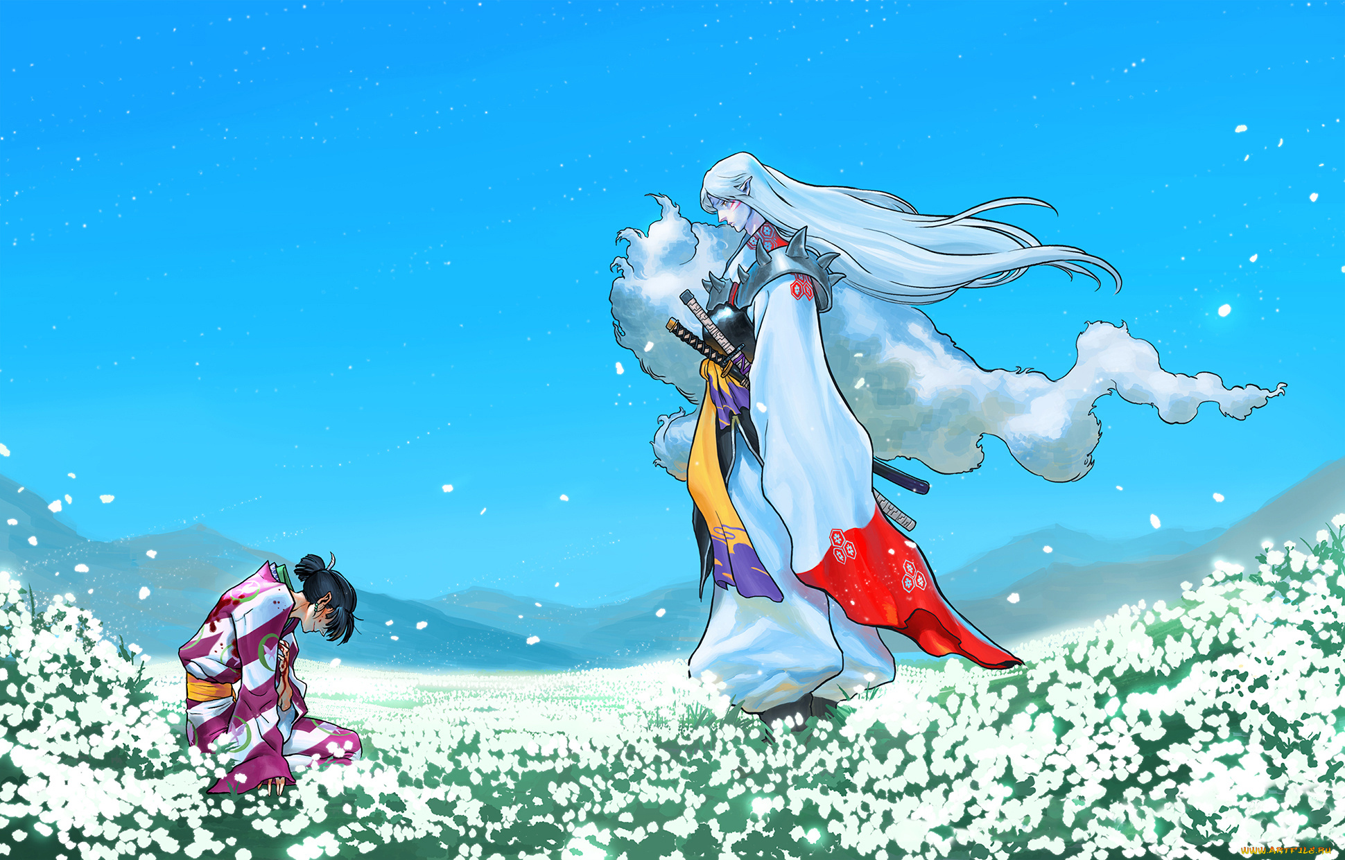 аниме, inuyasha, anime, field, кимоно, kimono, фанарт, fanart, самурай, samurai, сэссёмару, арт, рисунок, art, инуяша, луг, meadow, поле, sesshomaru