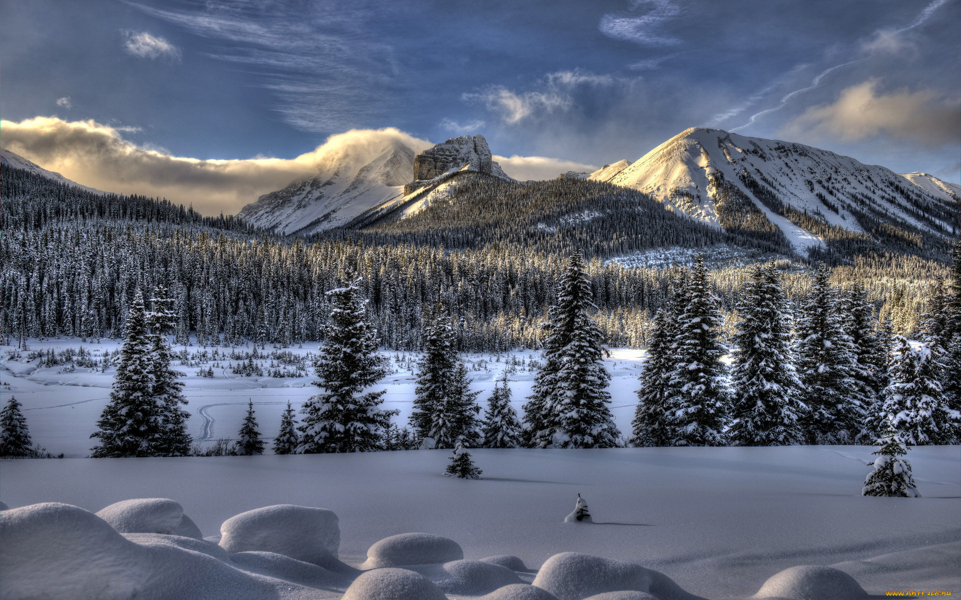 природа, зима, облака, лес, снег, горы