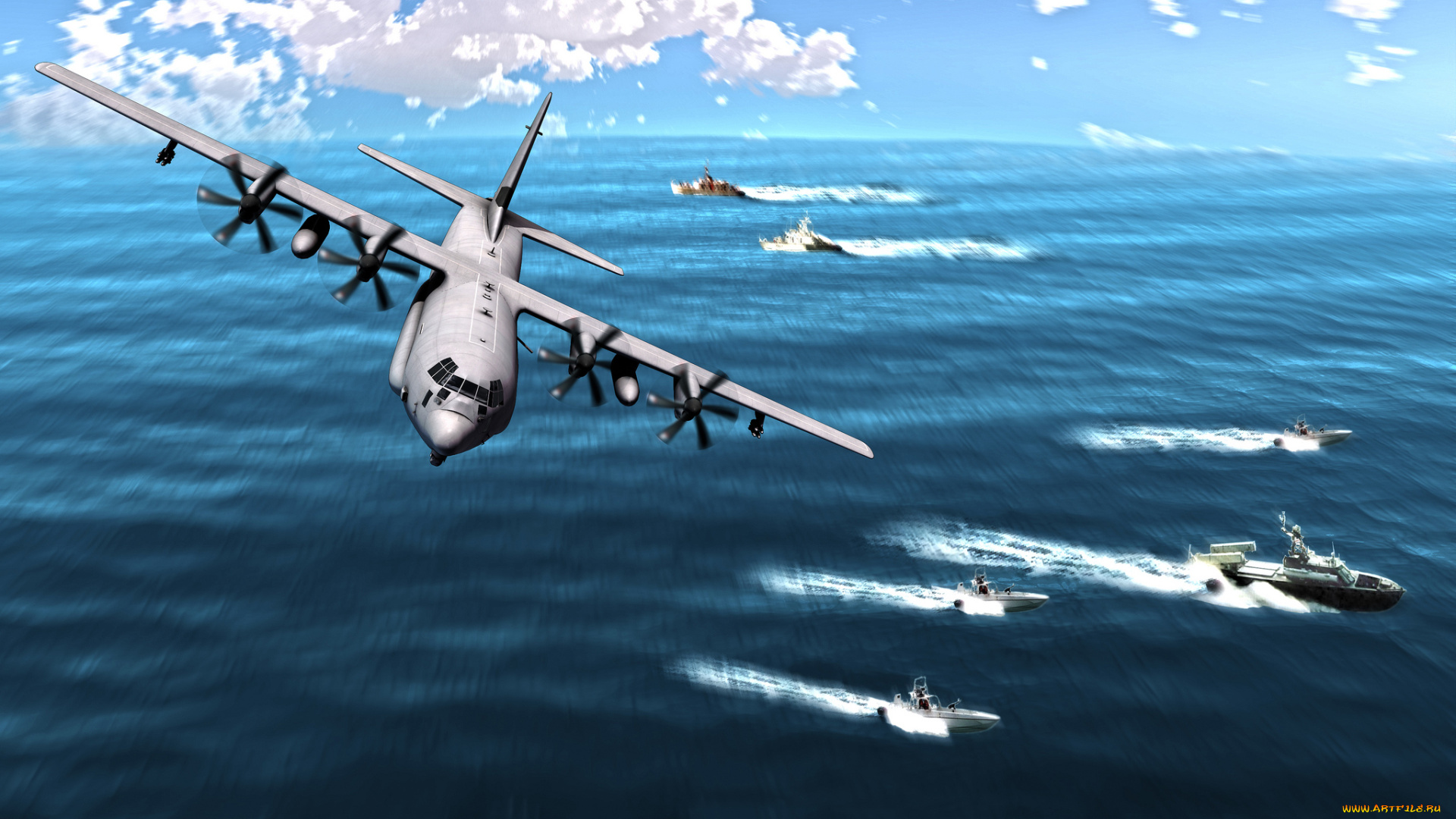 c-130, авиация, 3д, рисованые, v-graphic, океан, полет, самолет, транспортный, корабли