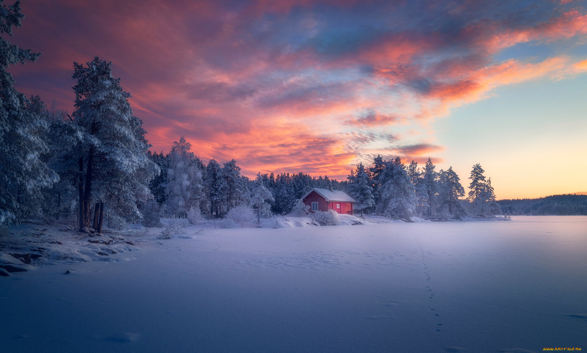 природа, восходы, закаты, зима, закат, снег, лес, небо, норвегия, дом, ringerike, norway