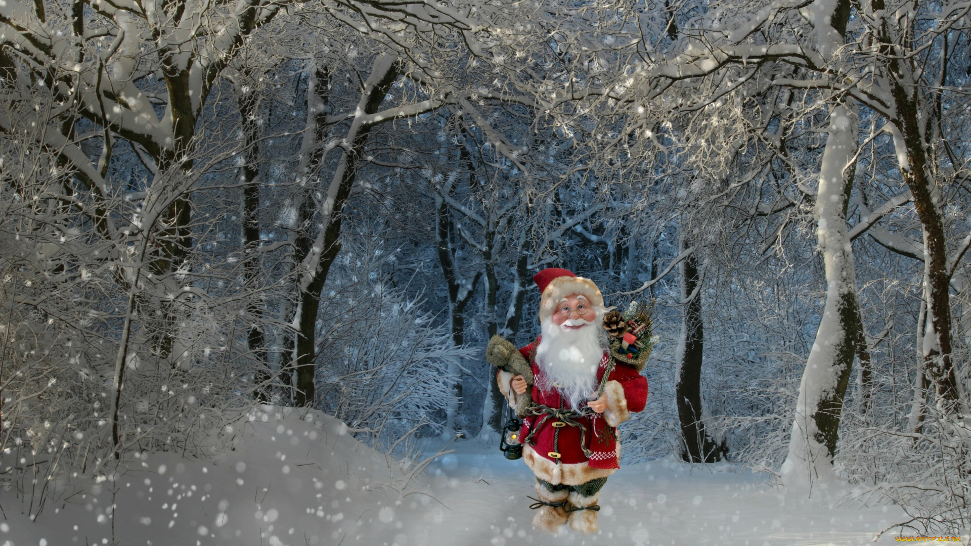 праздничные, фигурки, рождество, новый, год, праздник, подарки, санта, клаус, деревья, лес, снегопад, снег, зима, природа