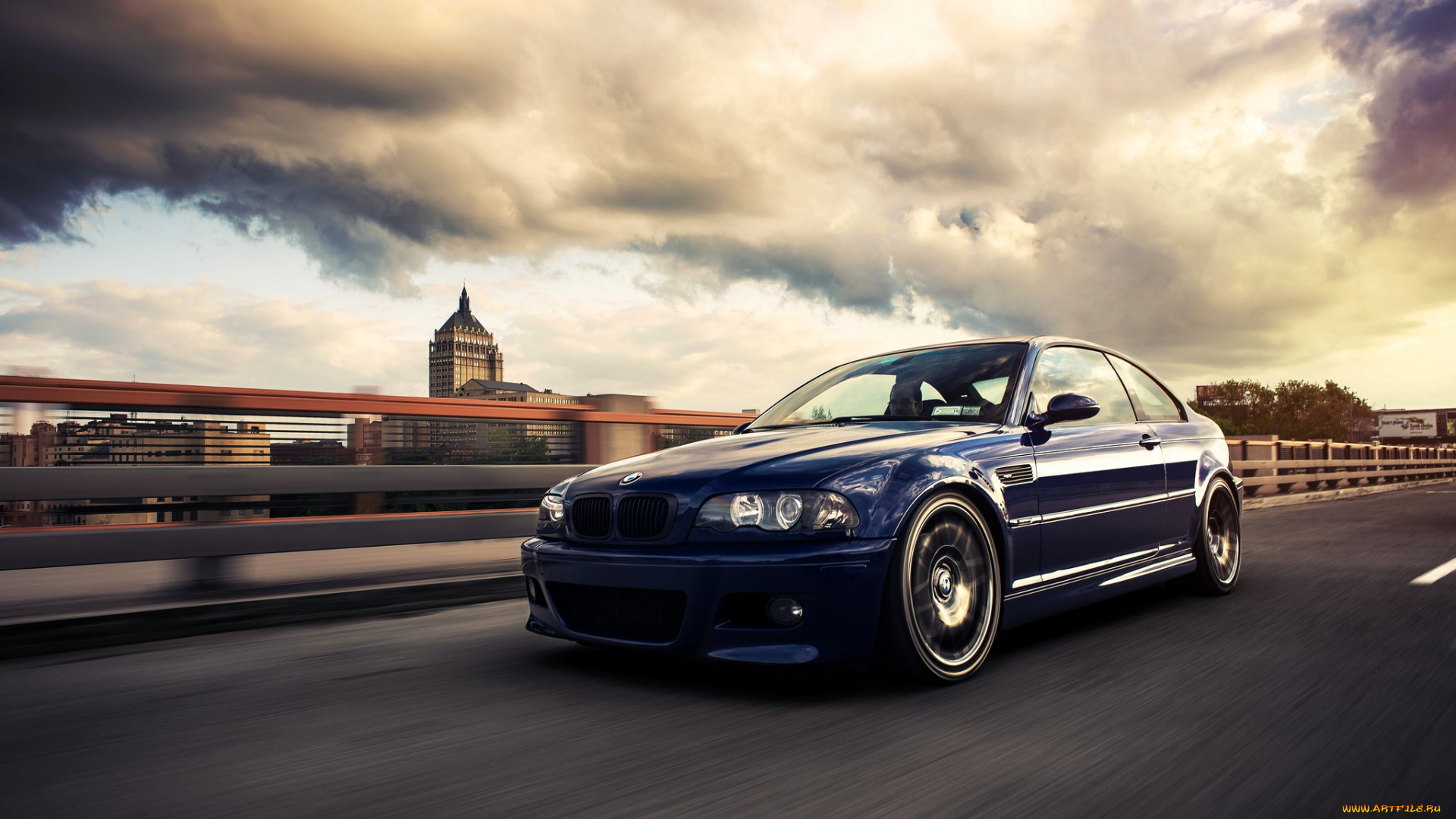 bmw, e46, автомобили, bmw, синий, скорость, дорога, тучи, здания