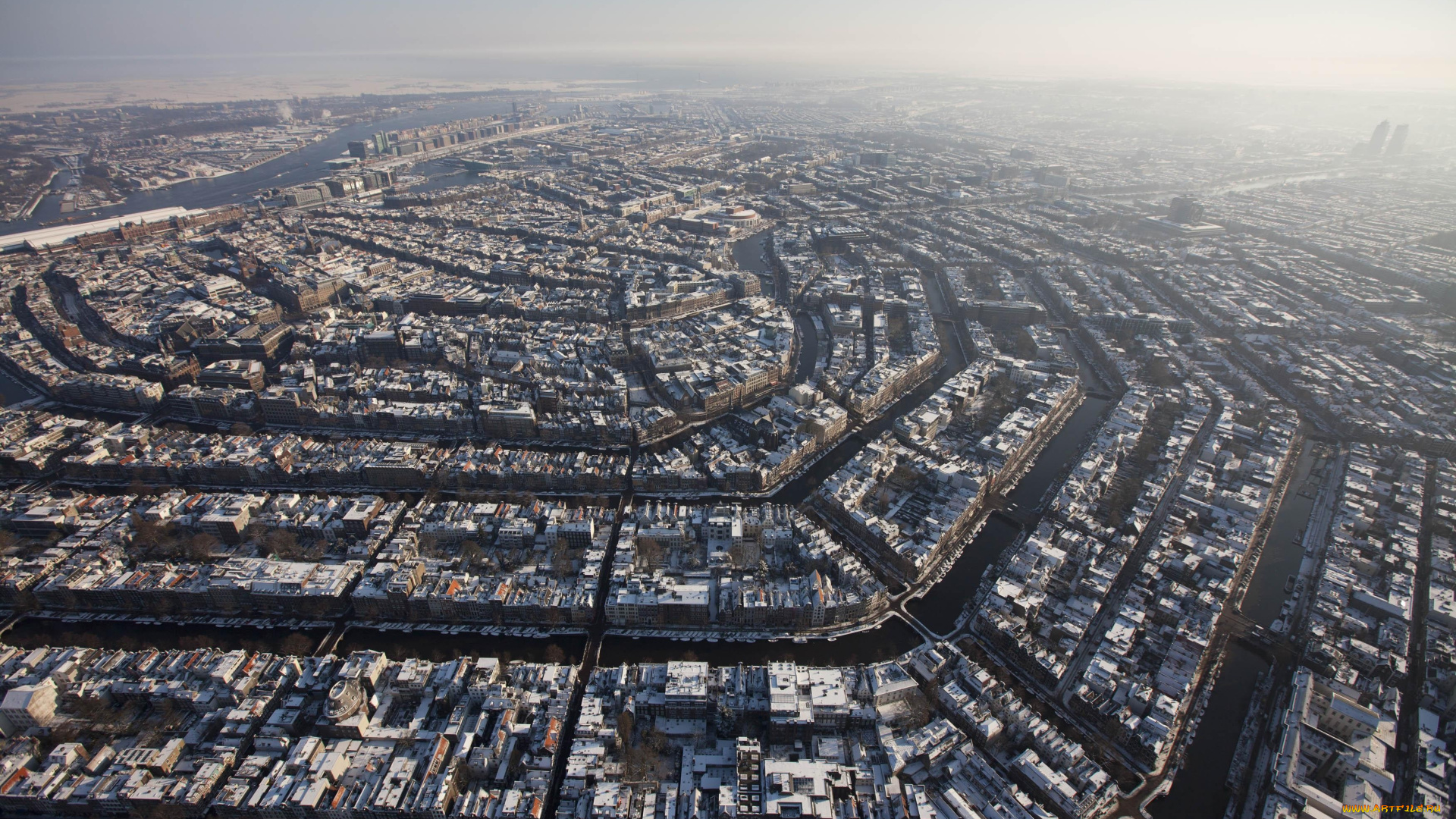 города, амстердам, , нидерланды, городской, пейзаж, архитектура, здание, амстердам, река, зима, снег, вид, с, высоты, птичьего, полета, старое, eвропа