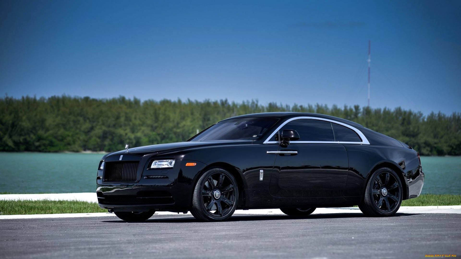 rolls-royce, wraith, автомобили, rolls-royce, черный, площадка, озеро, лес