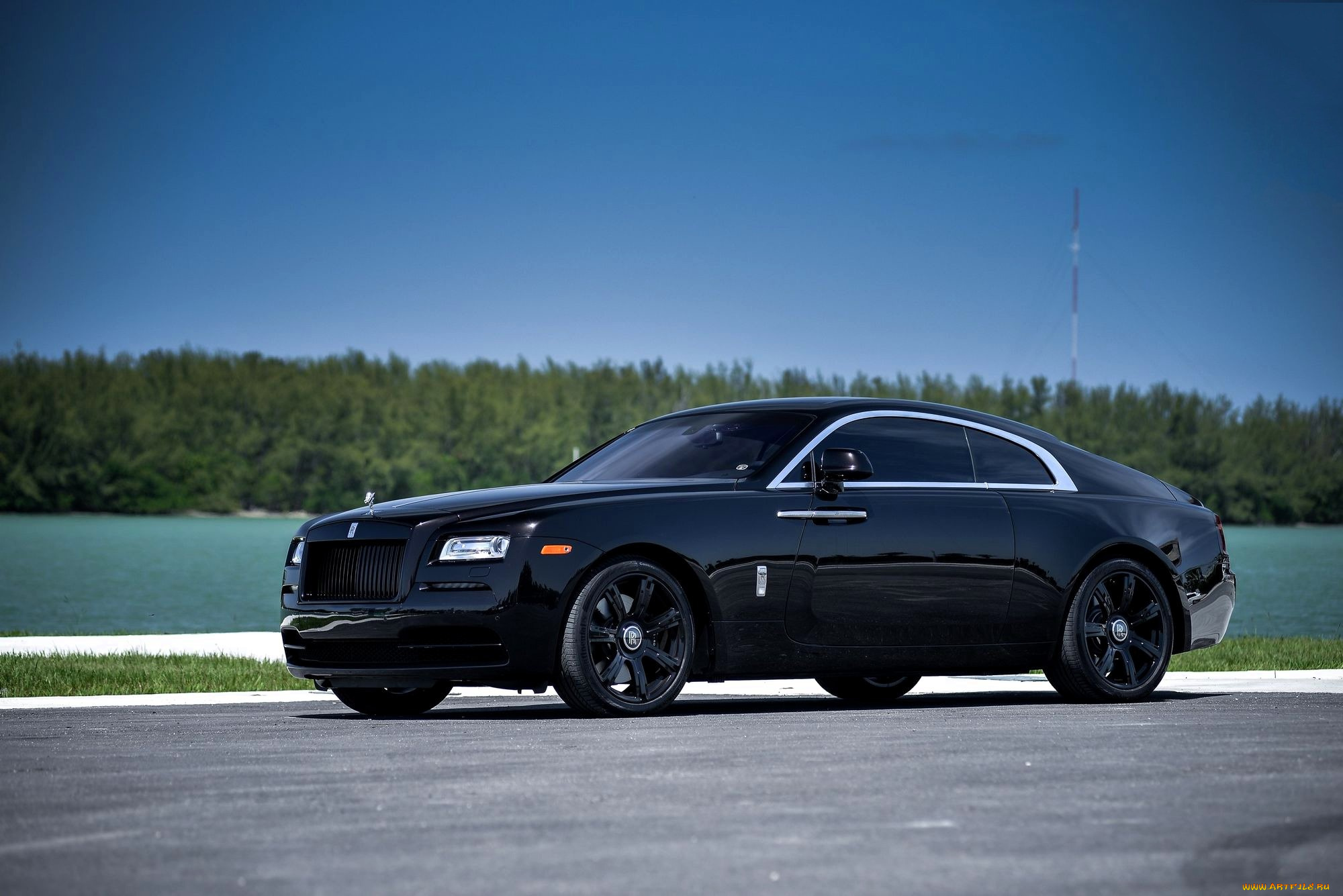 rolls-royce, wraith, автомобили, rolls-royce, черный, площадка, озеро, лес