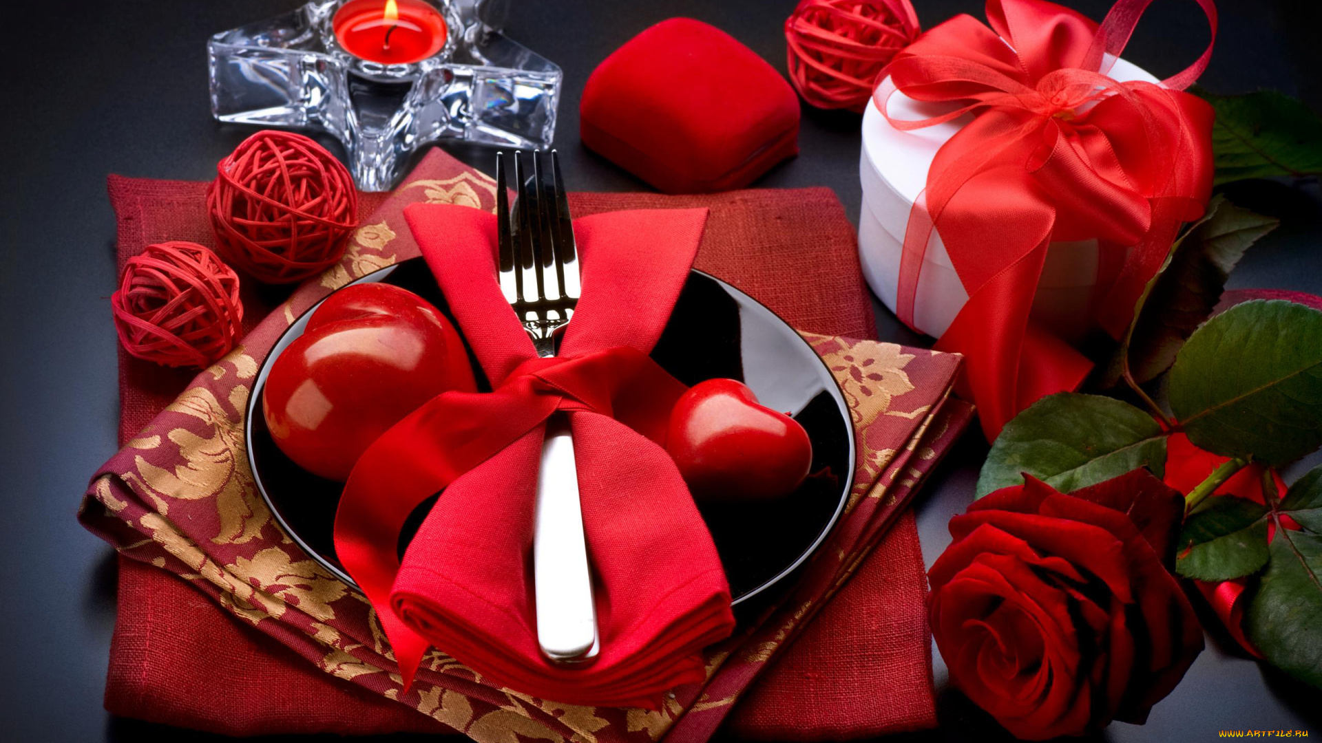 праздничные, день, св, валентина, сердечки, любовь, коробка, подарок, сервировка, свеча, роза