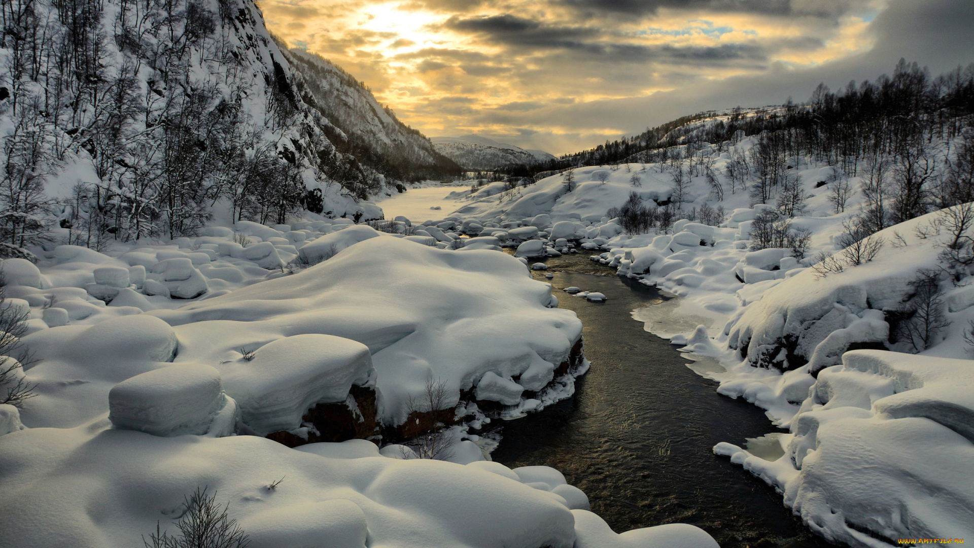 природа, зима, река, скалы