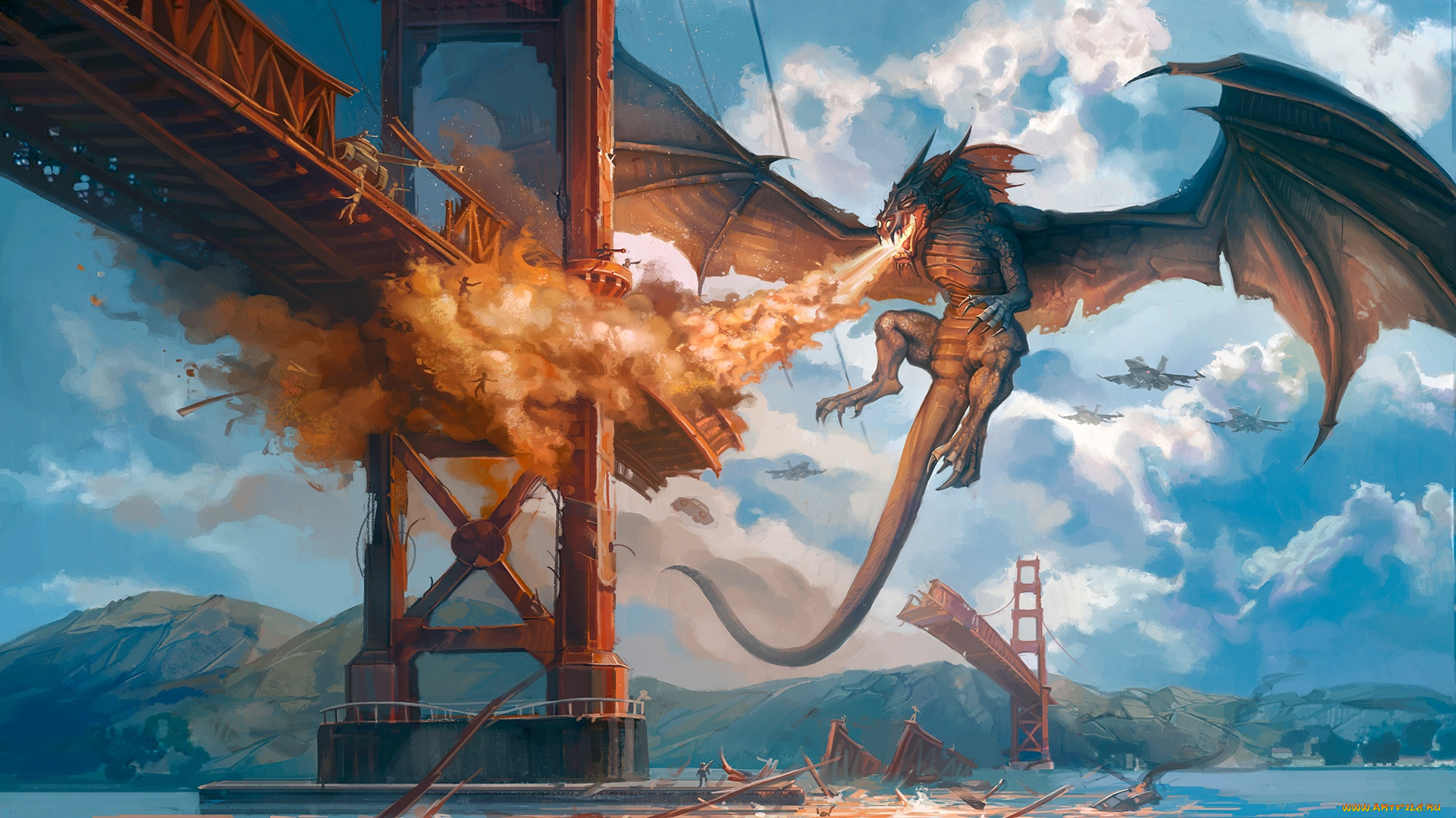 фэнтези, драконы, сказочное, существо, дракон, нападение, мост, пламя, атака, огонь, танк, самолеты