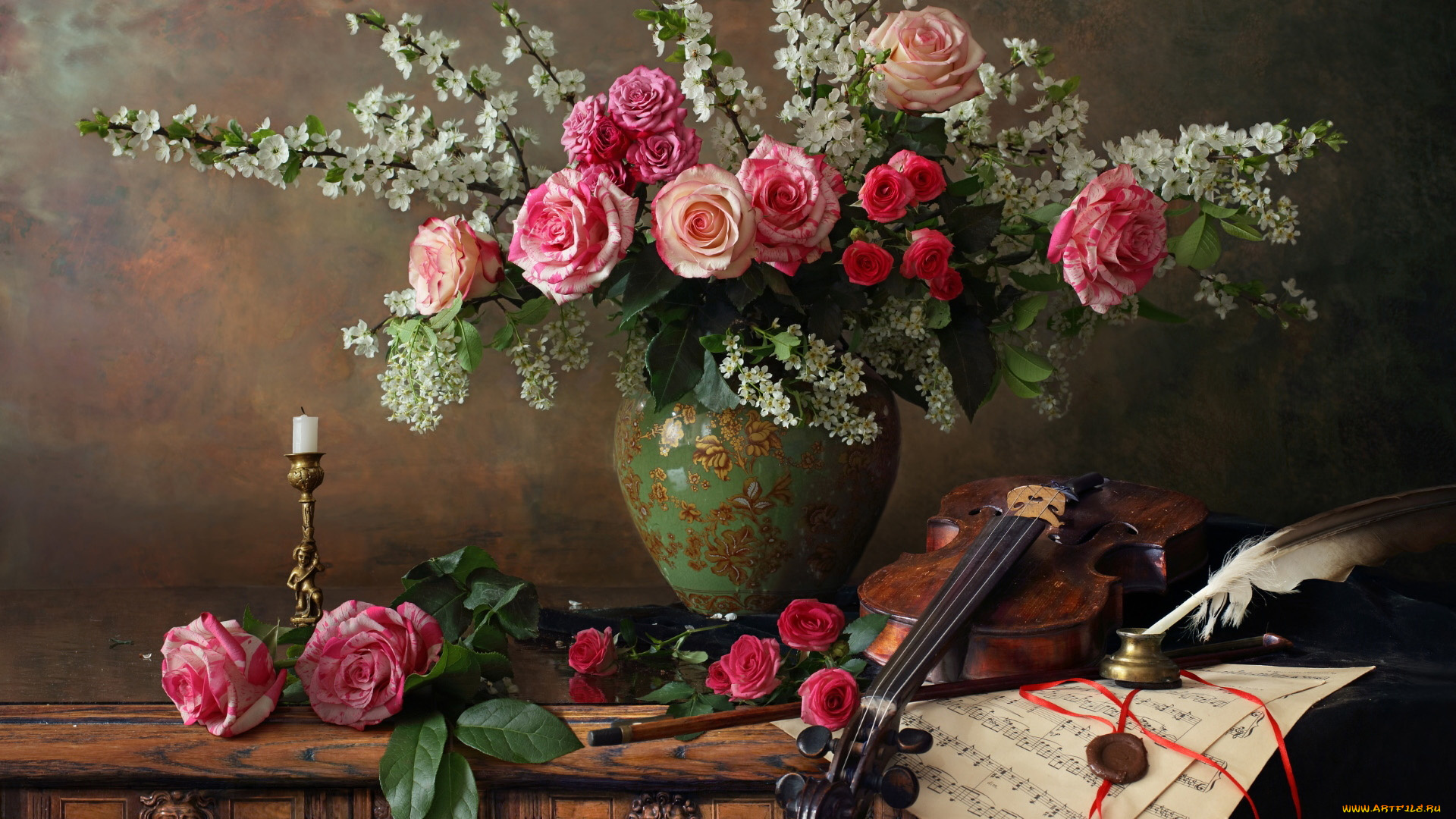 музыка, -музыкальные, инструменты, свеча, перо, букет, розы