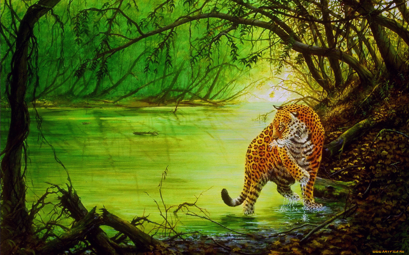 рисованные, животные, ягуары, леопарды, деревья, вода, ягуар