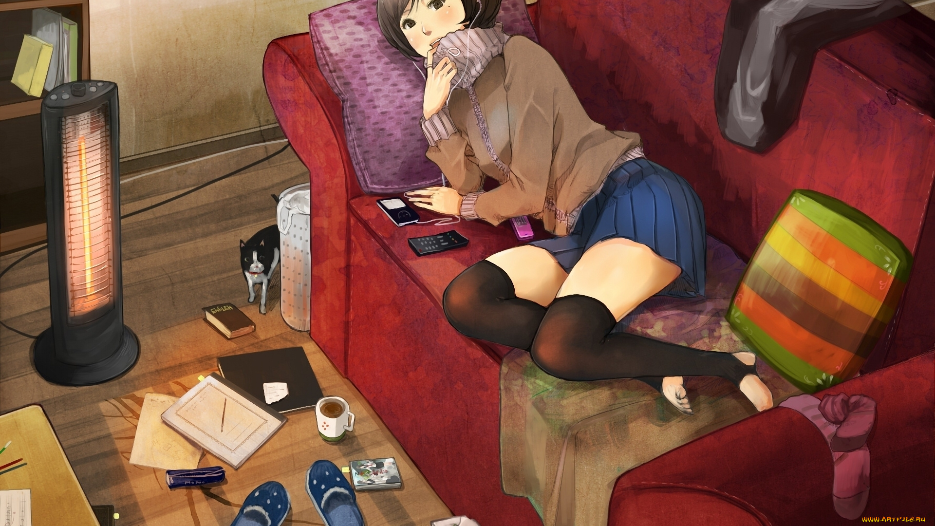 аниме, *unknown, другое, девушка, shigureteki, комната, диван, отдых