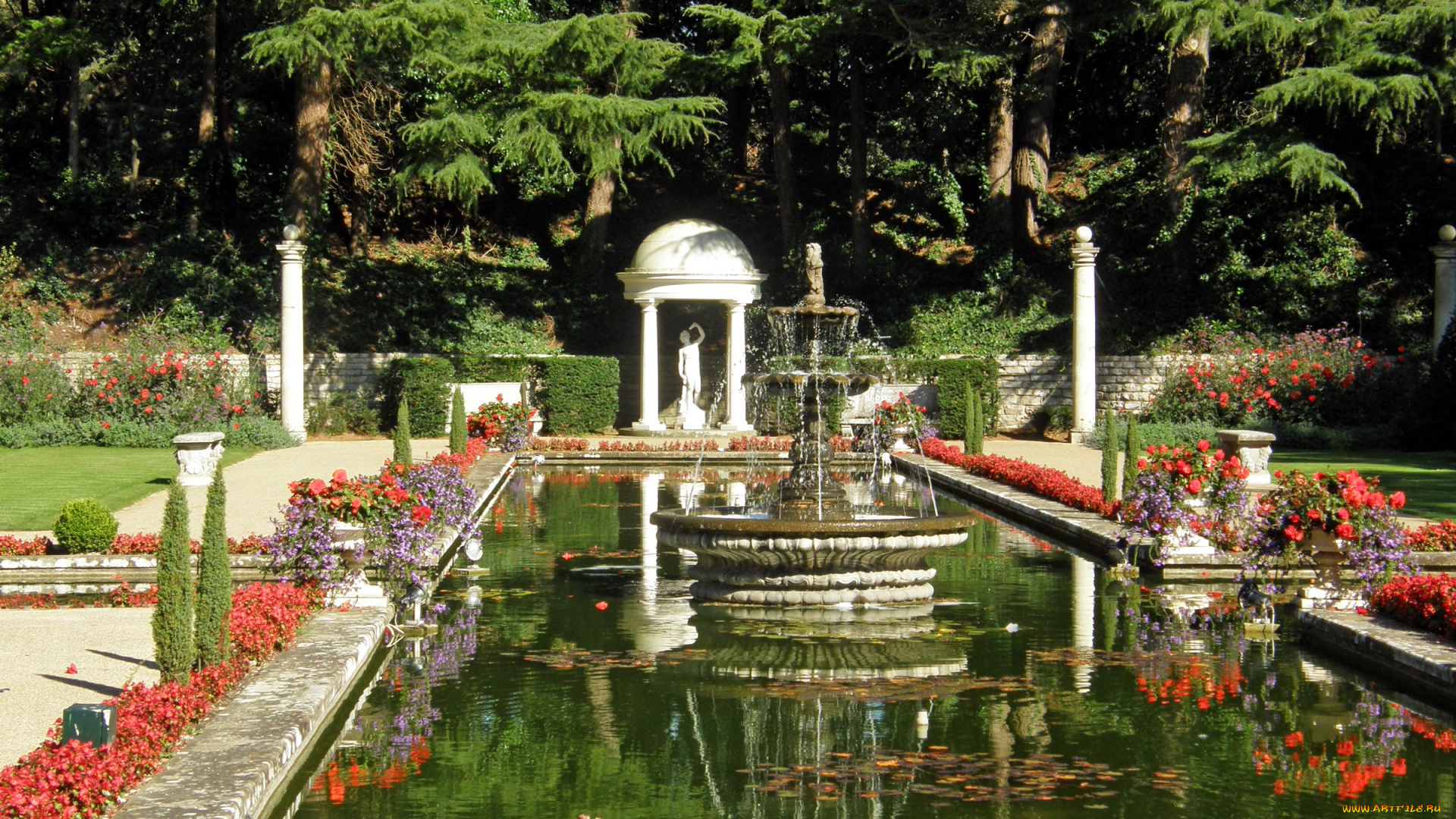 природа, парк, фонтан, водоем, статуя, цветы
