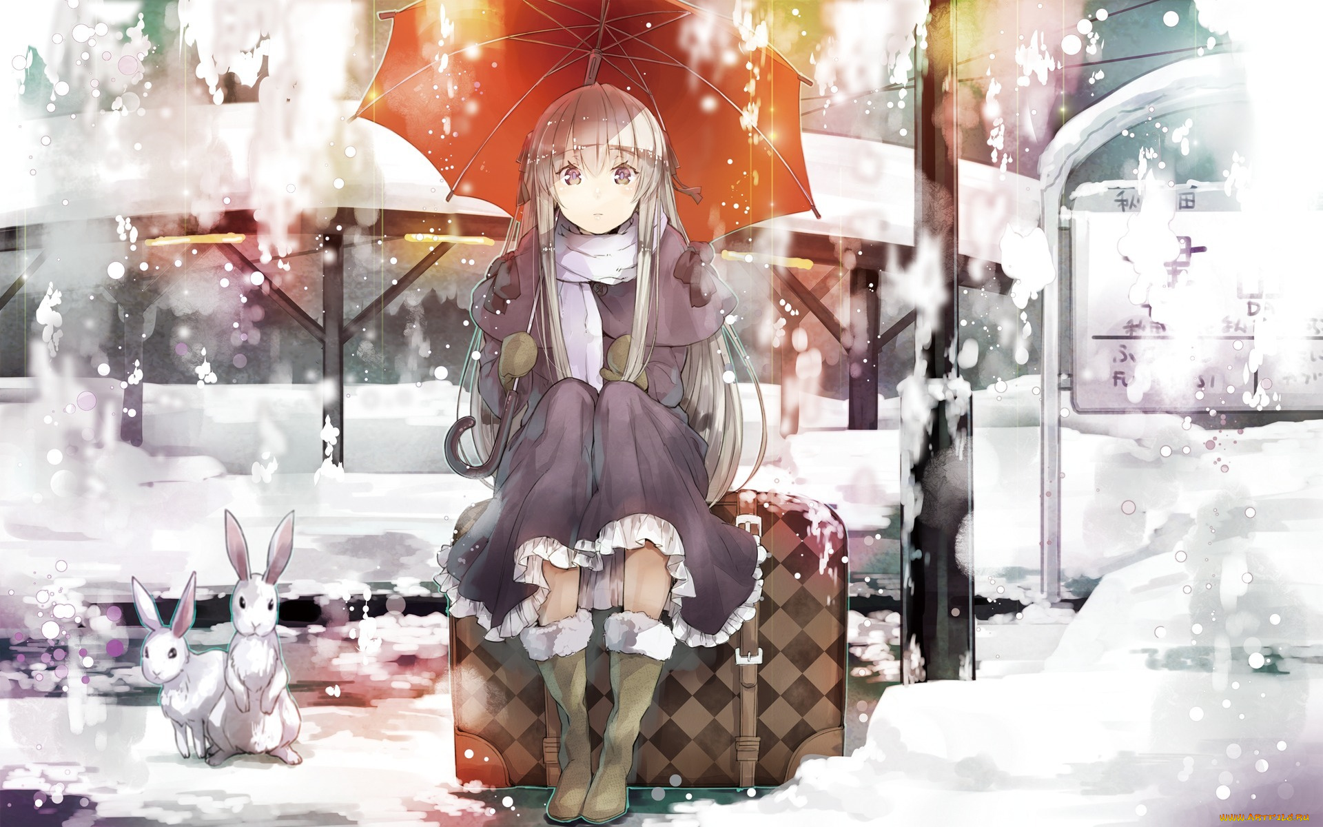 аниме, yosuga, no, sora, kasugano, девушка, платье, карие, глаза, сидит, серебряные, волосы, зонт, снег