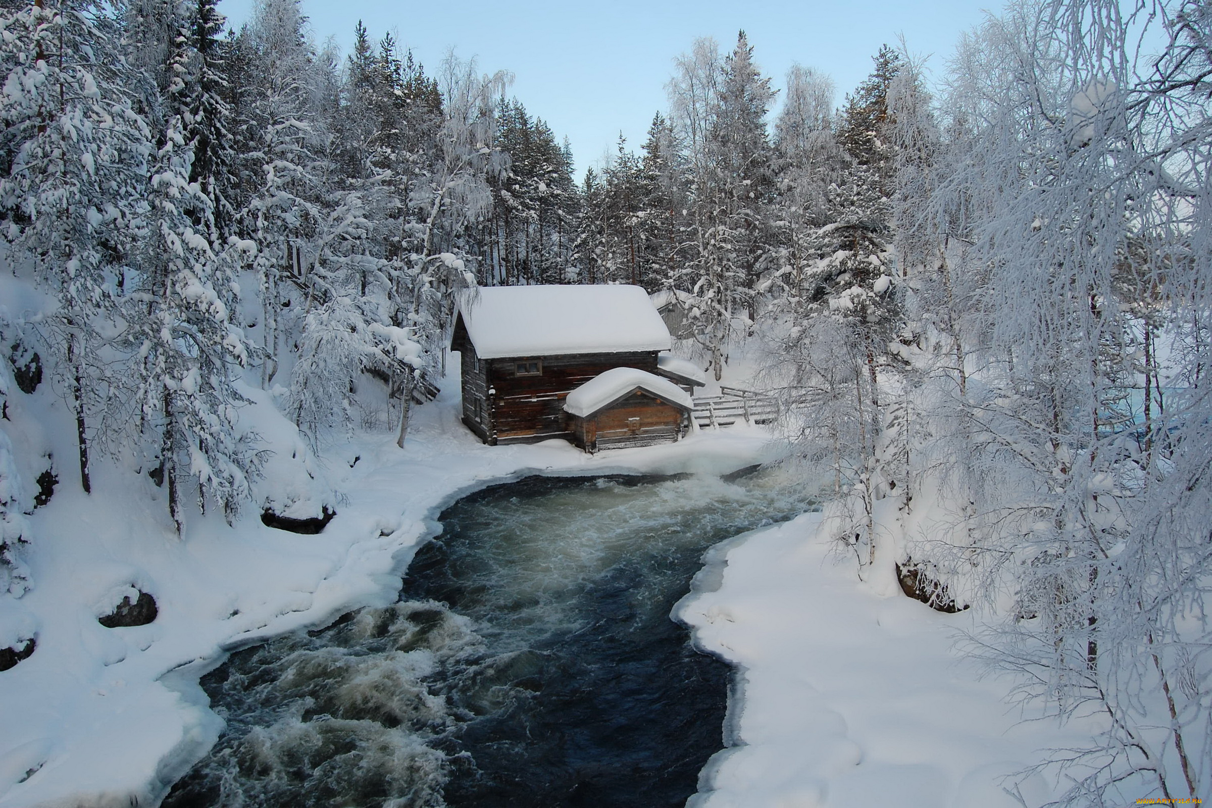 природа, зима, лес, домик, река
