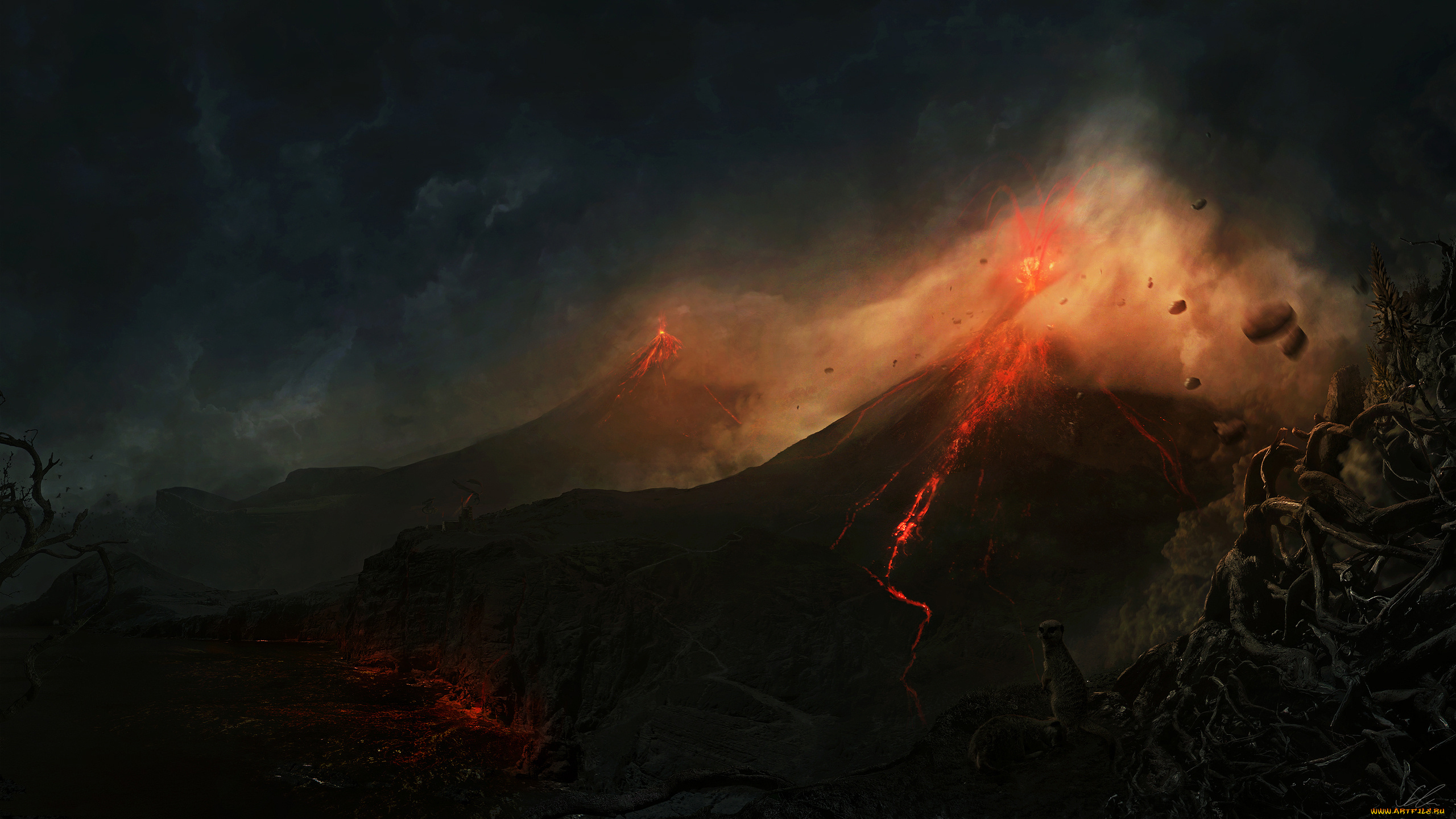 фэнтези, иные, миры, времена, извержение, вулкан, огонь, лава