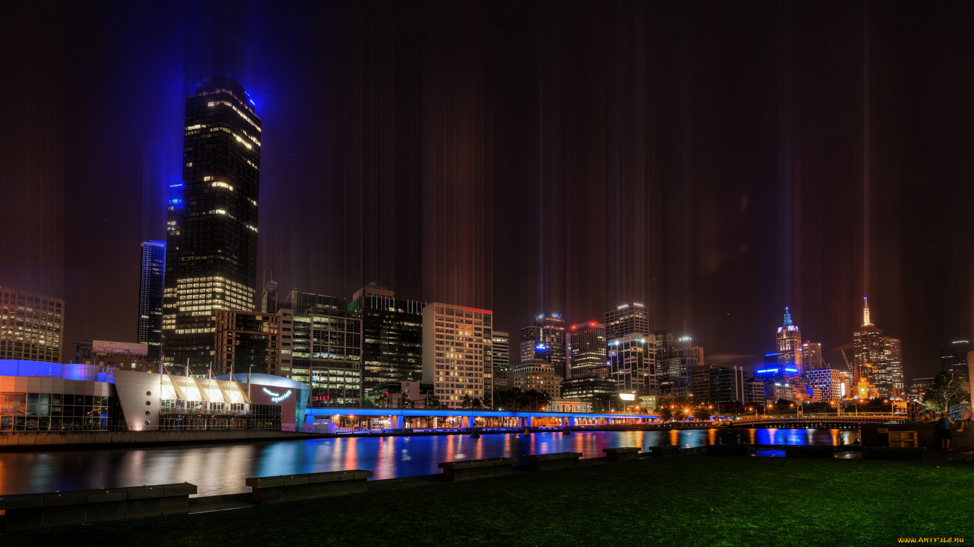 города, огни, ночного, мельбурн, австралия