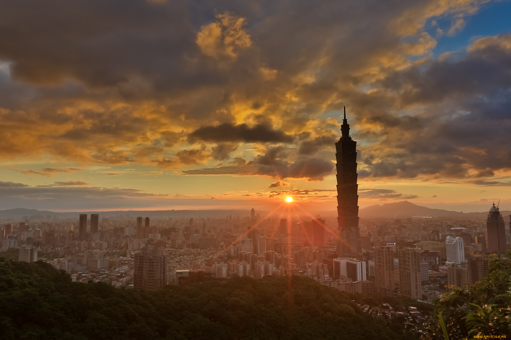 города, тайбэй, тайвань, закат, небоскреб, панорама