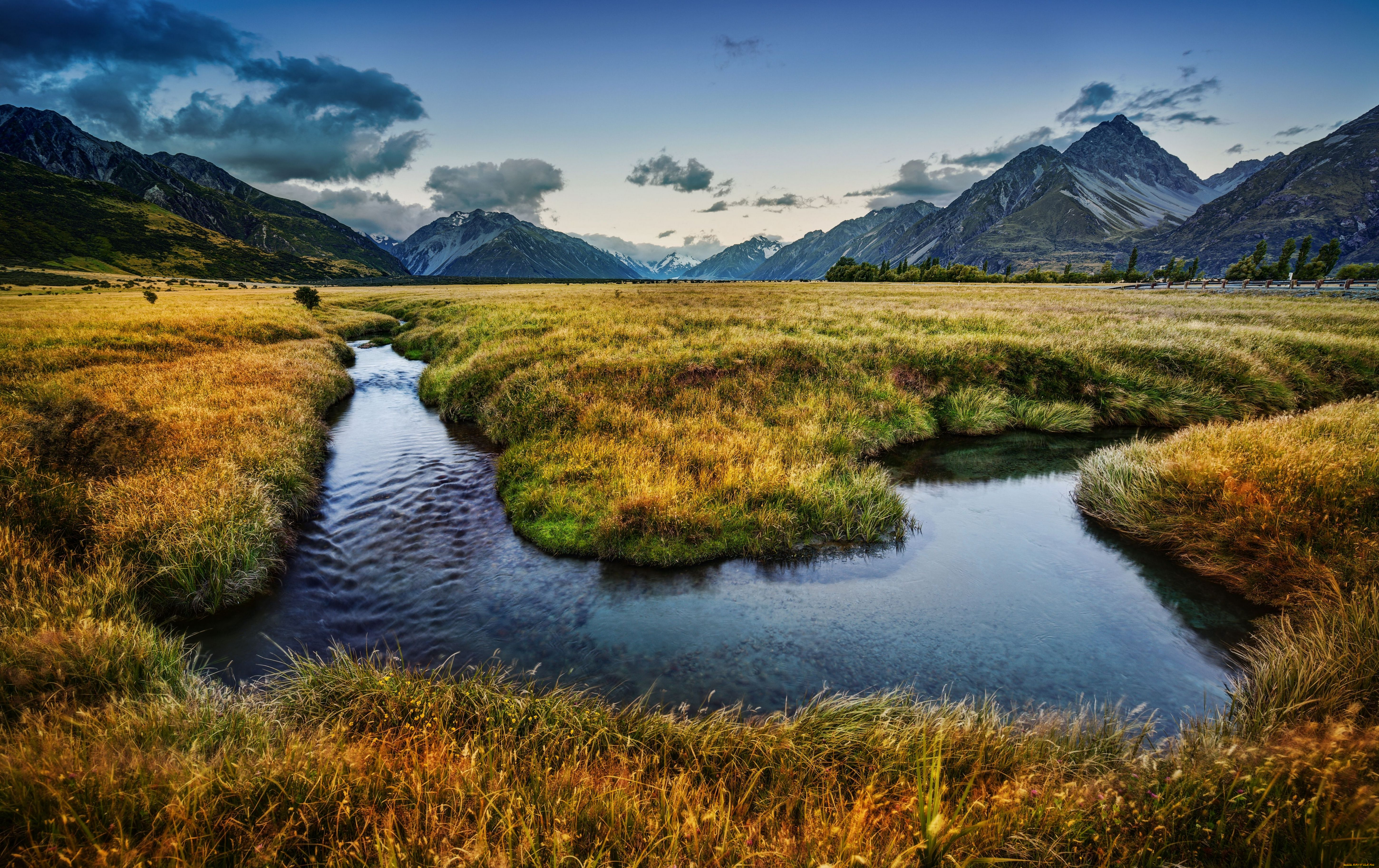 new, zealand, природа, реки, озера, новая, зеландия, речка, горы, луга, пейзаж