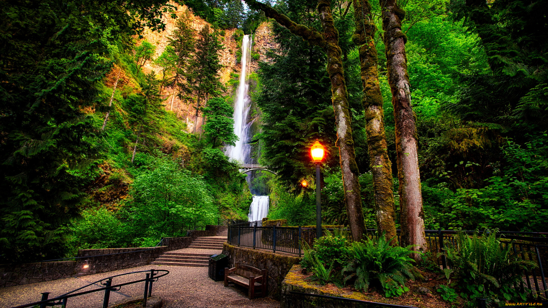 multnomah, falls, , oregon, природа, водопады, парк, multnomah, фонари, скамейка, oregon, водопад