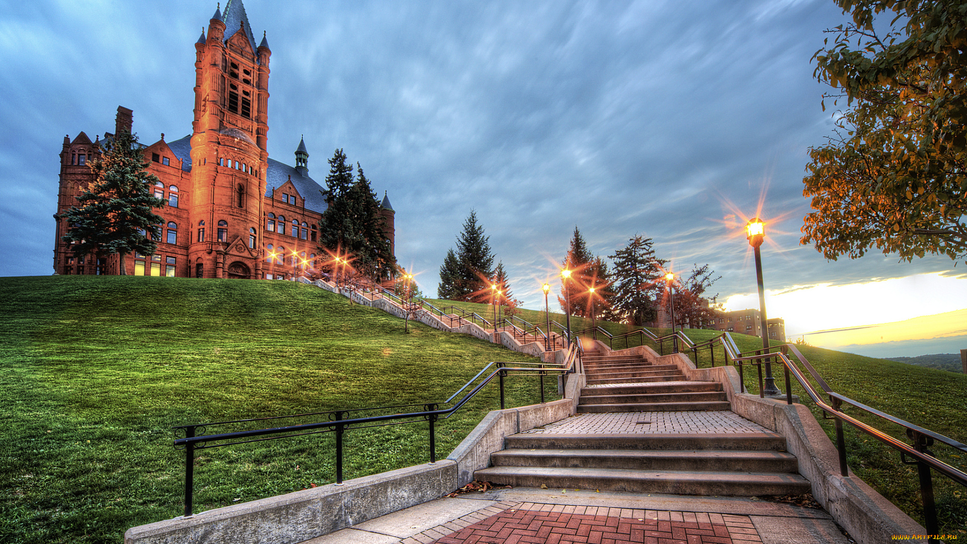 syracuse, university, города, -, здания, , дома, здание, лестница, фонари