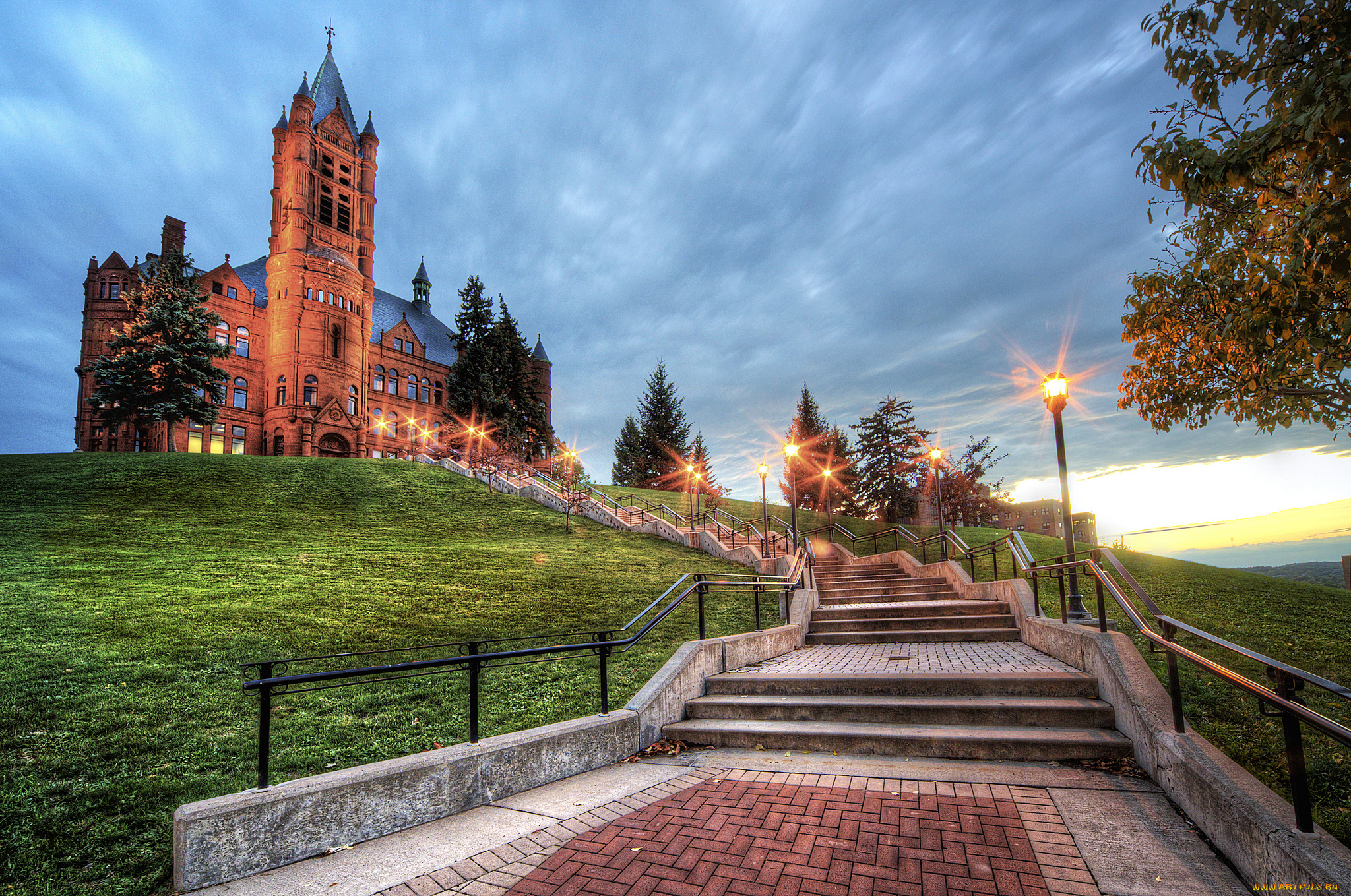 syracuse, university, города, -, здания, , дома, здание, лестница, фонари