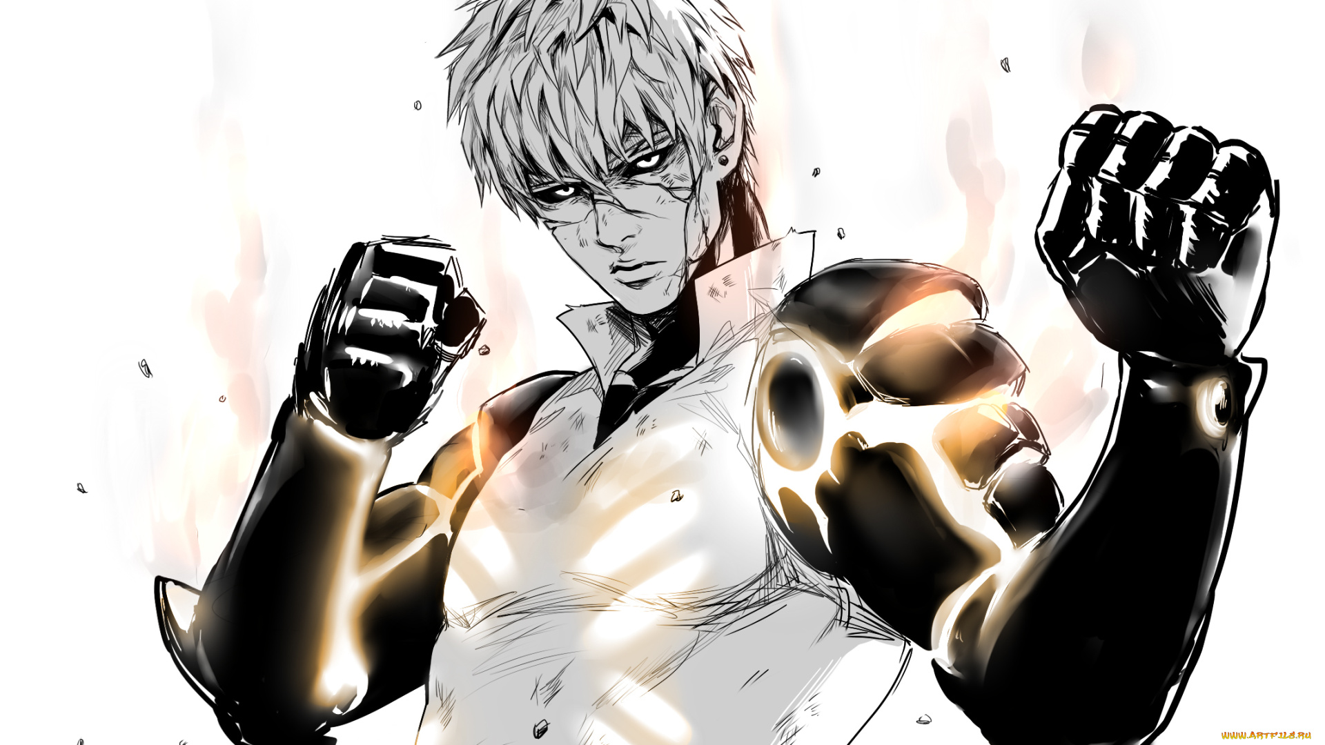 аниме, one, punch, man, арт, киборг, робот, мужчина, one, punch-man, punch, man, genos, протез, руки