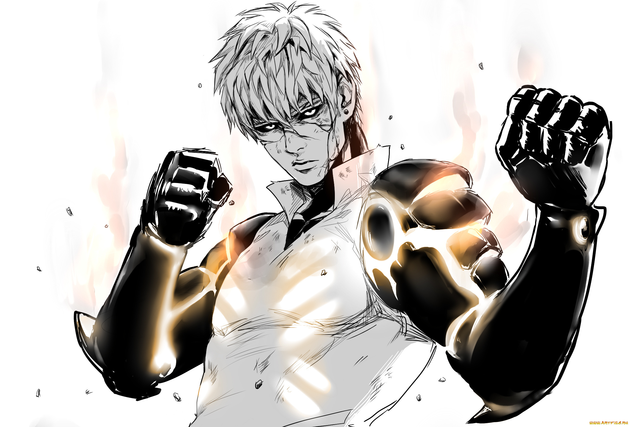 аниме, one, punch, man, арт, киборг, робот, мужчина, one, punch-man, punch, man, genos, протез, руки