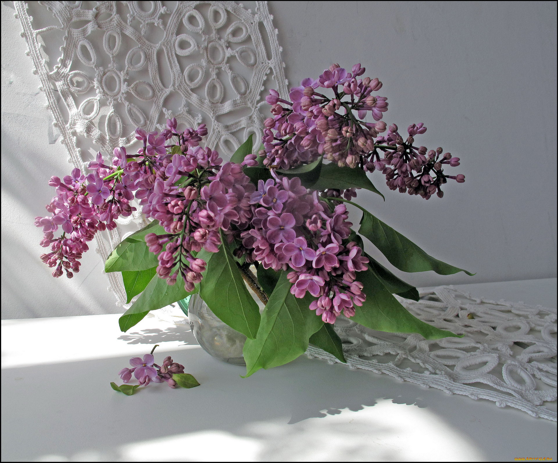 цветы, сирень, салфетка, ваза