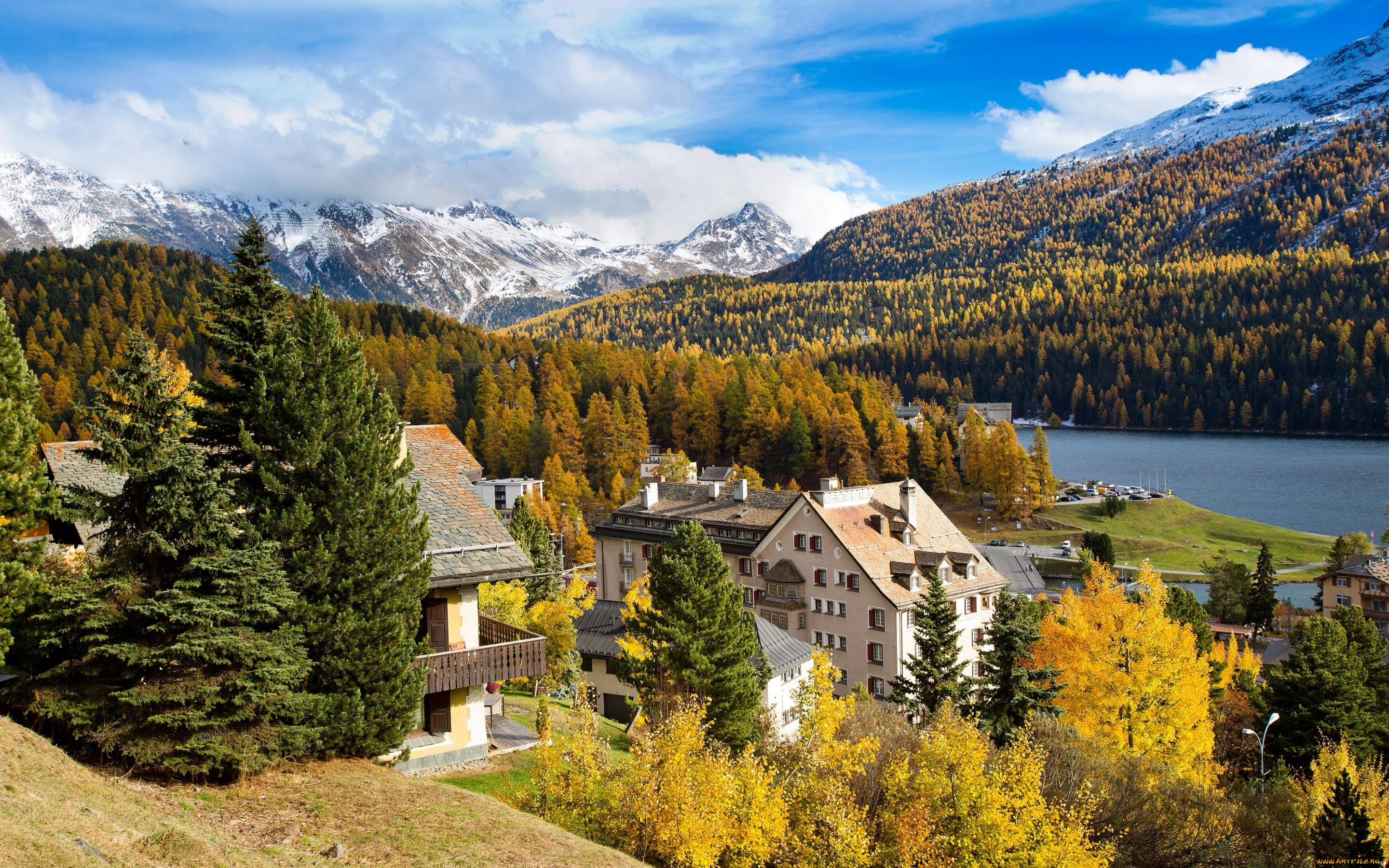 города, -, пейзажи, дома, река, лес, горы, st, moritz, осень, швейцария