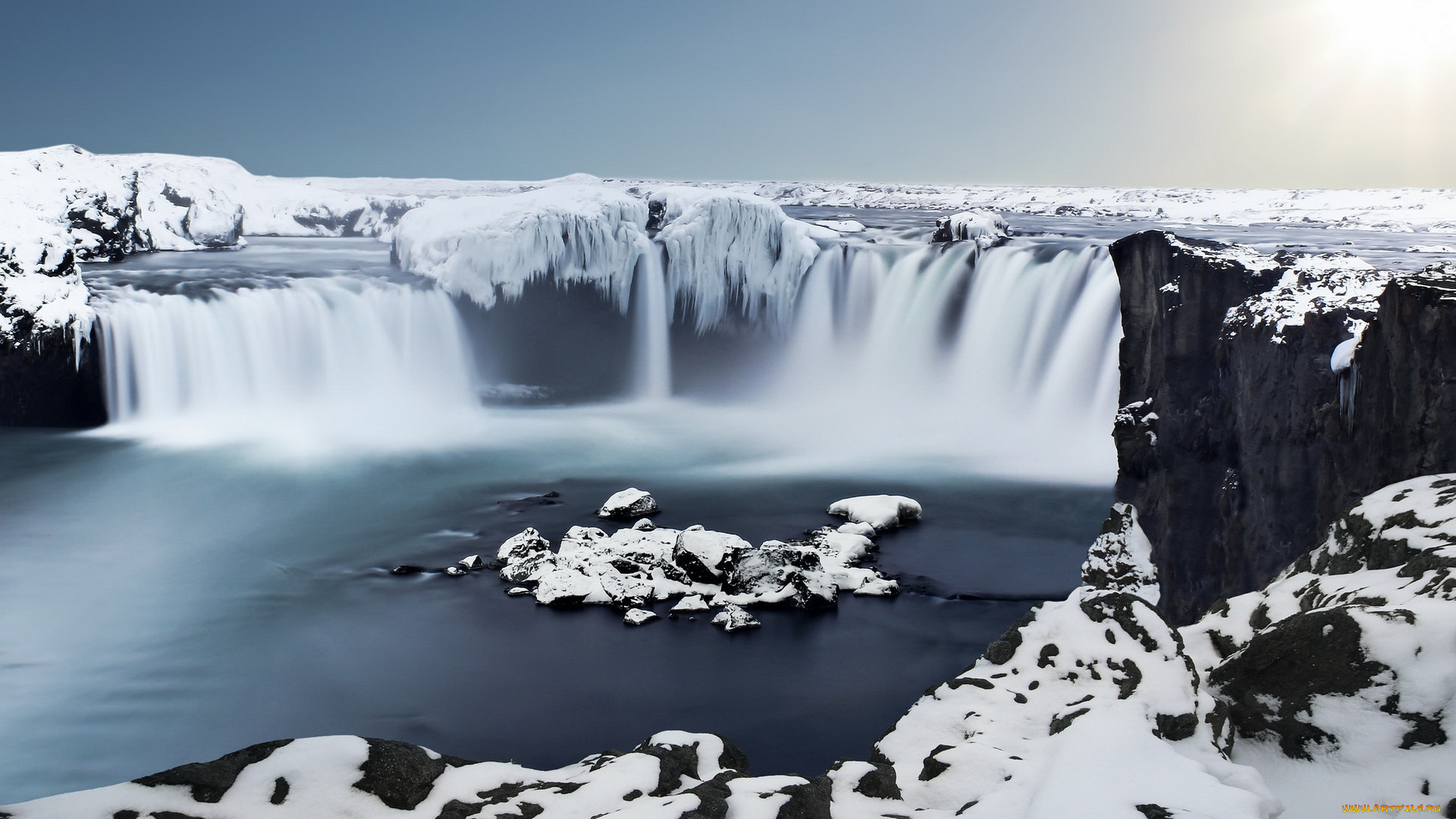 природа, водопады, годафосс, лед, водопад, исландия