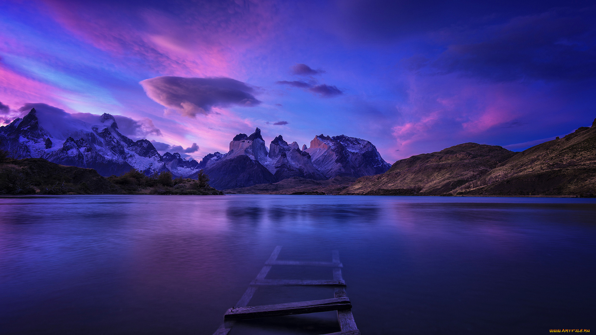 природа, реки, озера, purple, mountain, patagonia, del, paine, landscape, sky, panoramic, water, torres