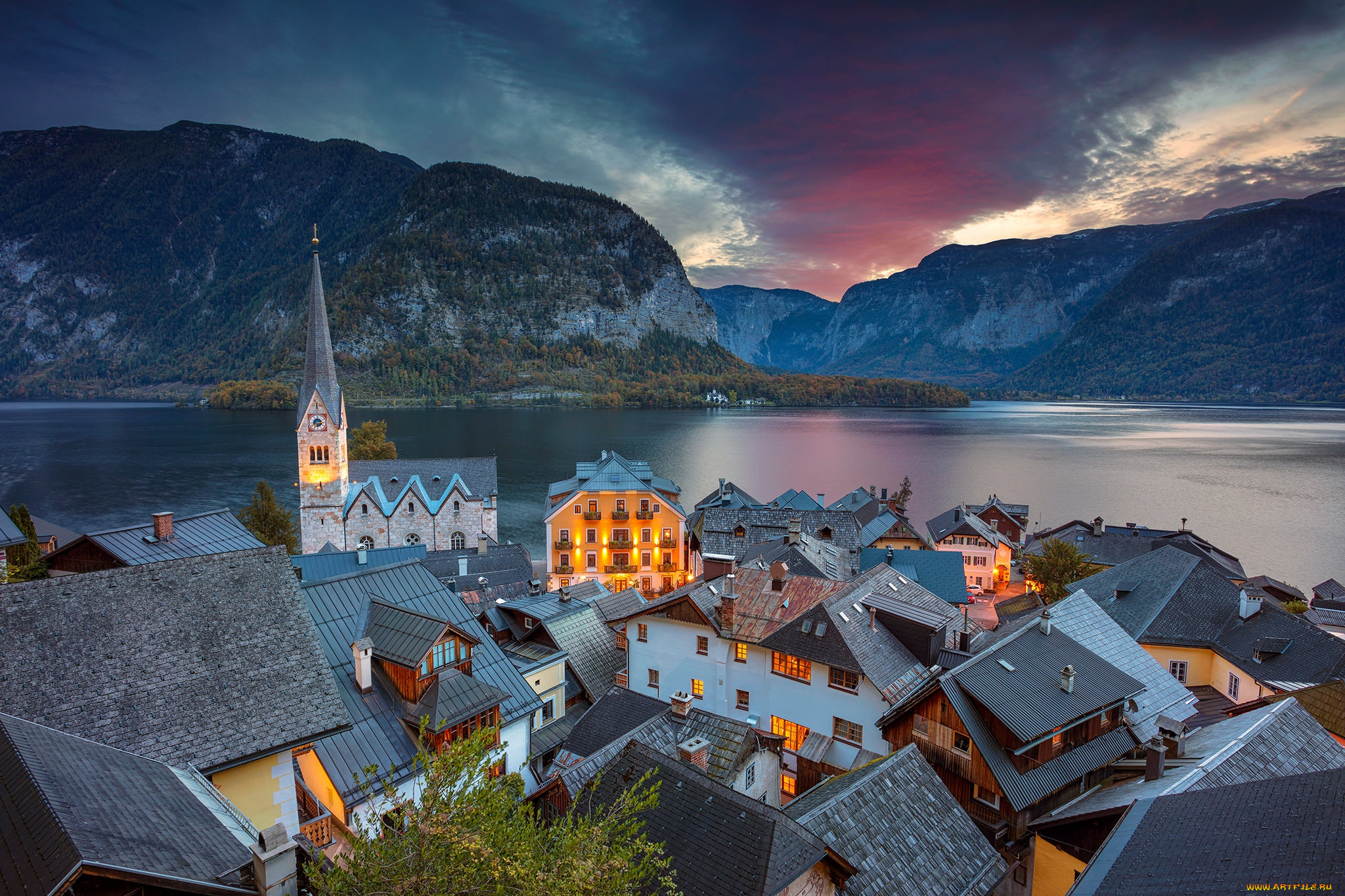 города, -, пейзажи, alps, lake, hallstatt, вечер, austria, озеро, гальштатское, крыши, дома, церковь, австрия, горы, гальштат, альпы