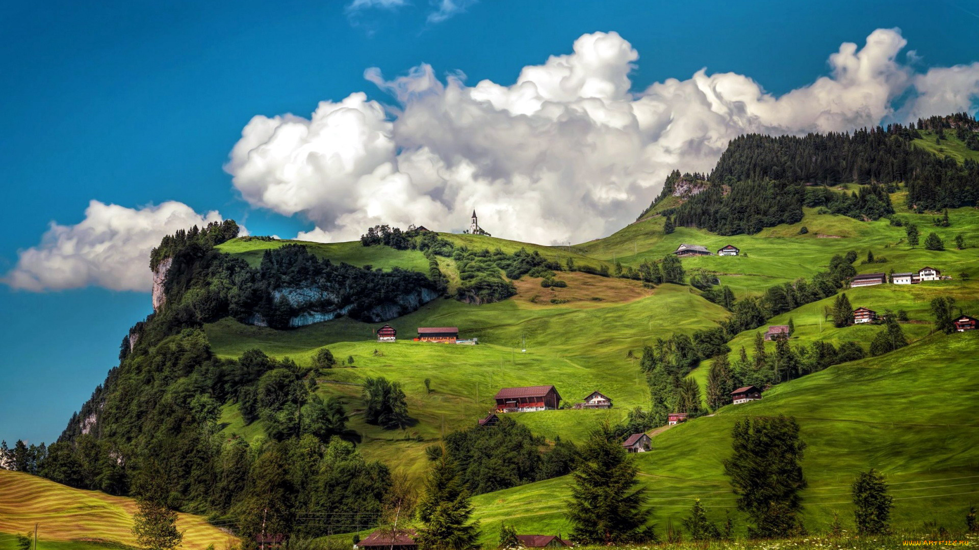 швейцария, города, -, пейзажи, дома, луга, горы