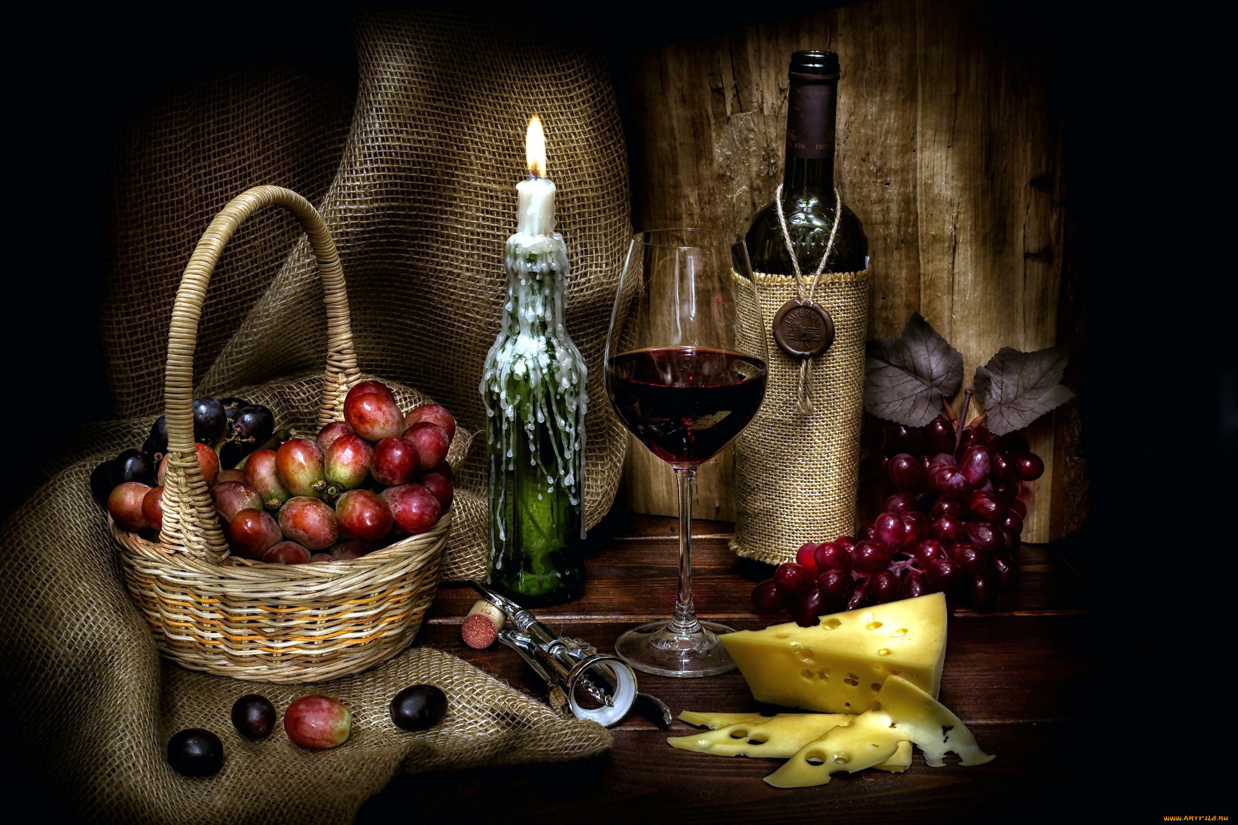 еда, натюрморт, виноград, сыр, свеча, вино