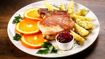 Картинка еда мясные+блюда мясо отбивная картофель апельсин