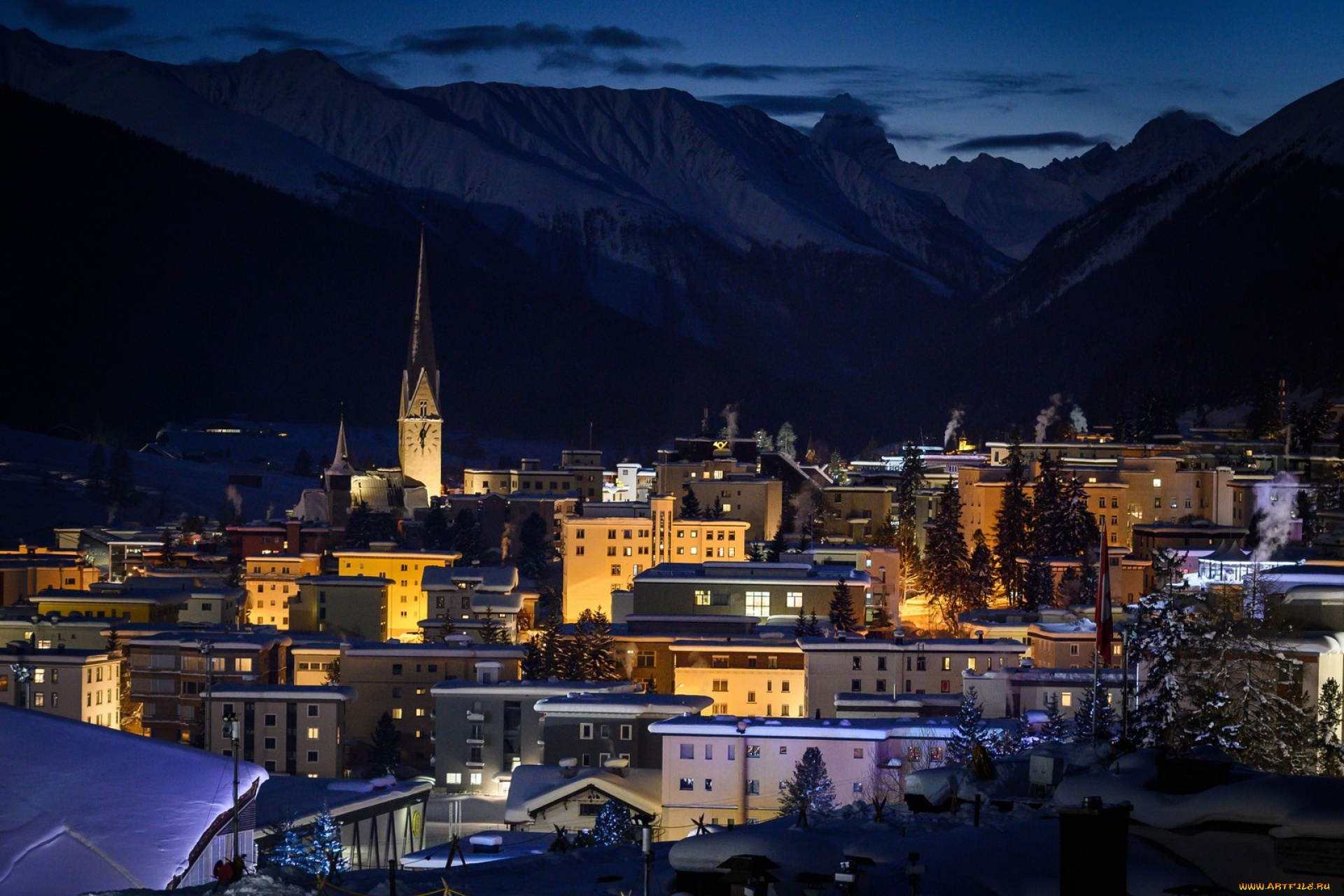 davos, switzerland, города, -, огни, ночного, города